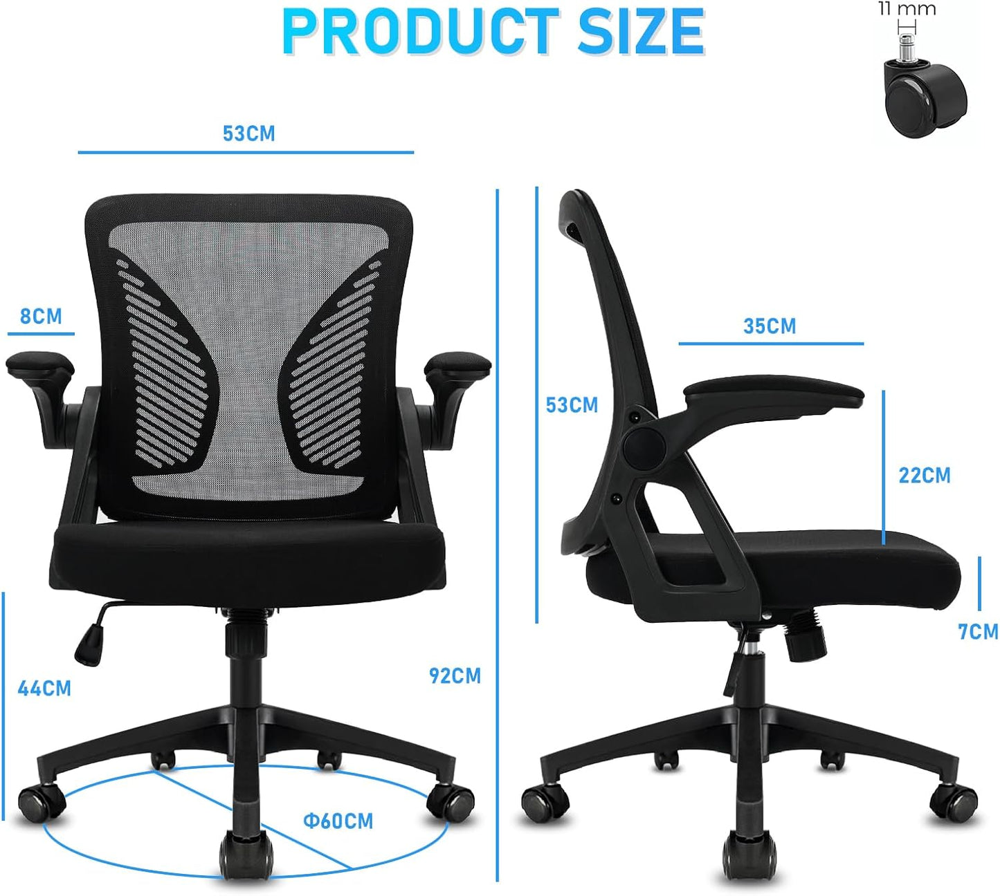 Milacyee Bürostuhl,Ergonomischer Schreibtischstuhl,Drehstuhl mit klappbaren Armlehnen,Verstellbare Lendenwirbelstütze,Höhenverstellbarer Chefsessel, Netzstuhl mit Wippfunktion bis zu 130°,Schwarz