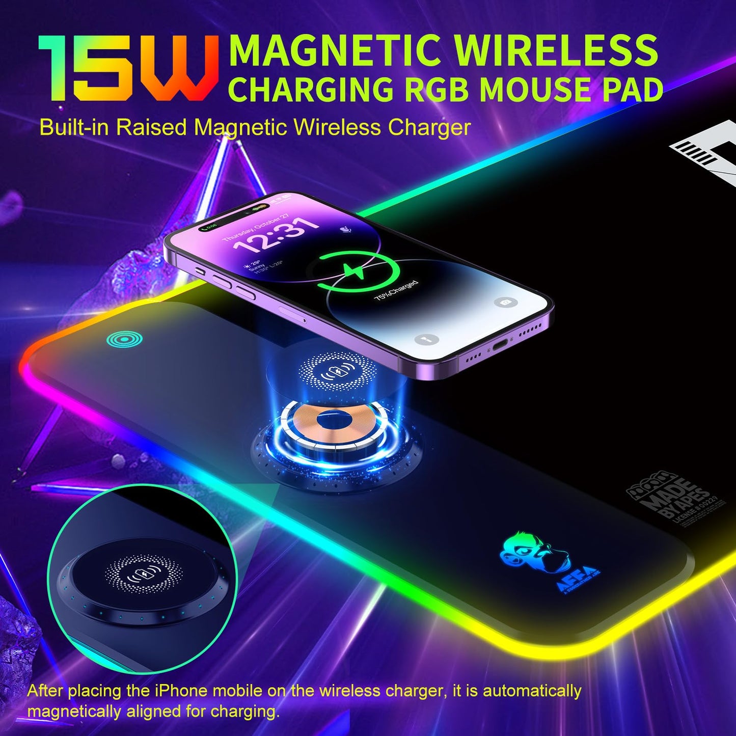 RGB Gaming Mauspad 15W Qi Mousepad LED, 10 Beleuchtungsmodi mit 15W Schnellladung Qi Kabelloses Laden für I-Phone Handy, Kopfhörer, Wasserdicht, rutschfest für Gaming, Schreibtische, PC und Büro