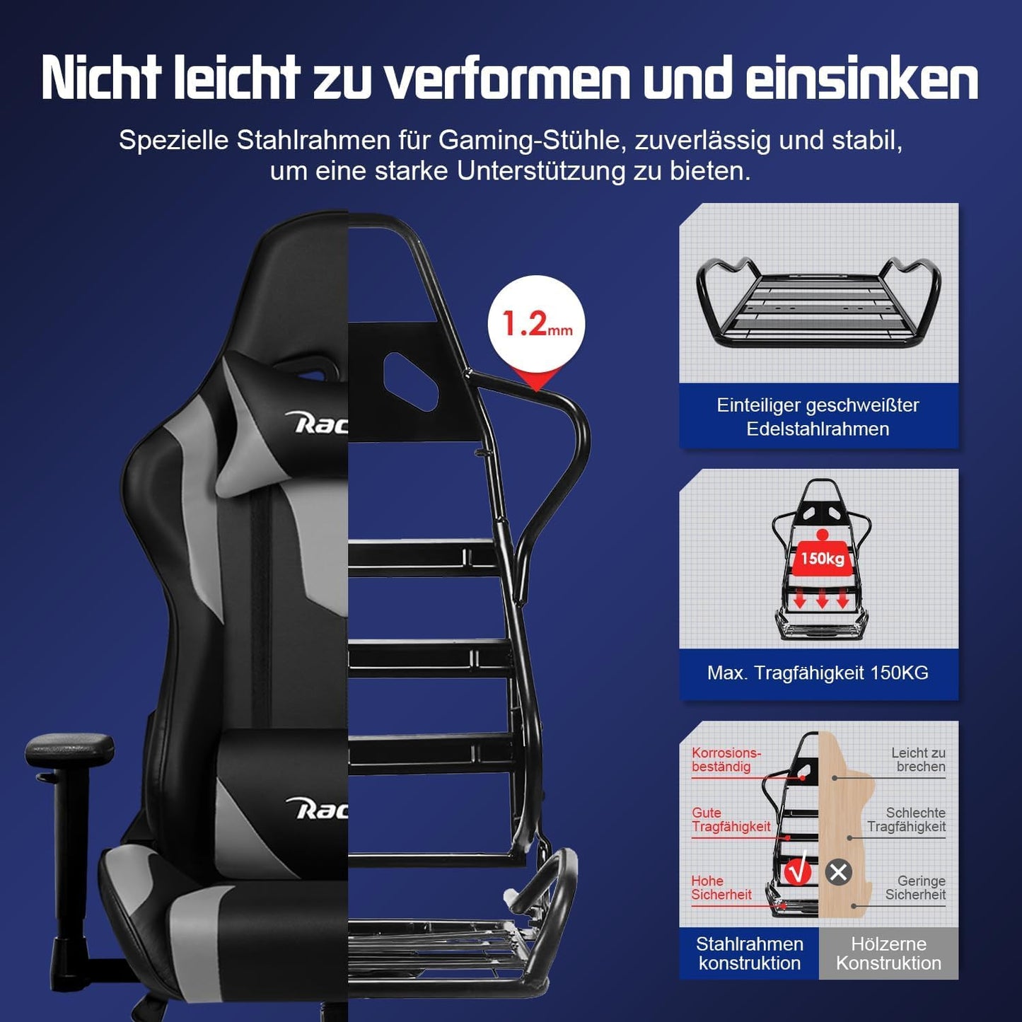 Homimaster Gaming Chair, Ergonomic Office Chair with Adjustable Lumbar Cushion, Head Cushion and Armrests, Padded Gaming Chair, Gamer Chair with Rocking Function, Gaming Chair 150 kg Load Capacity