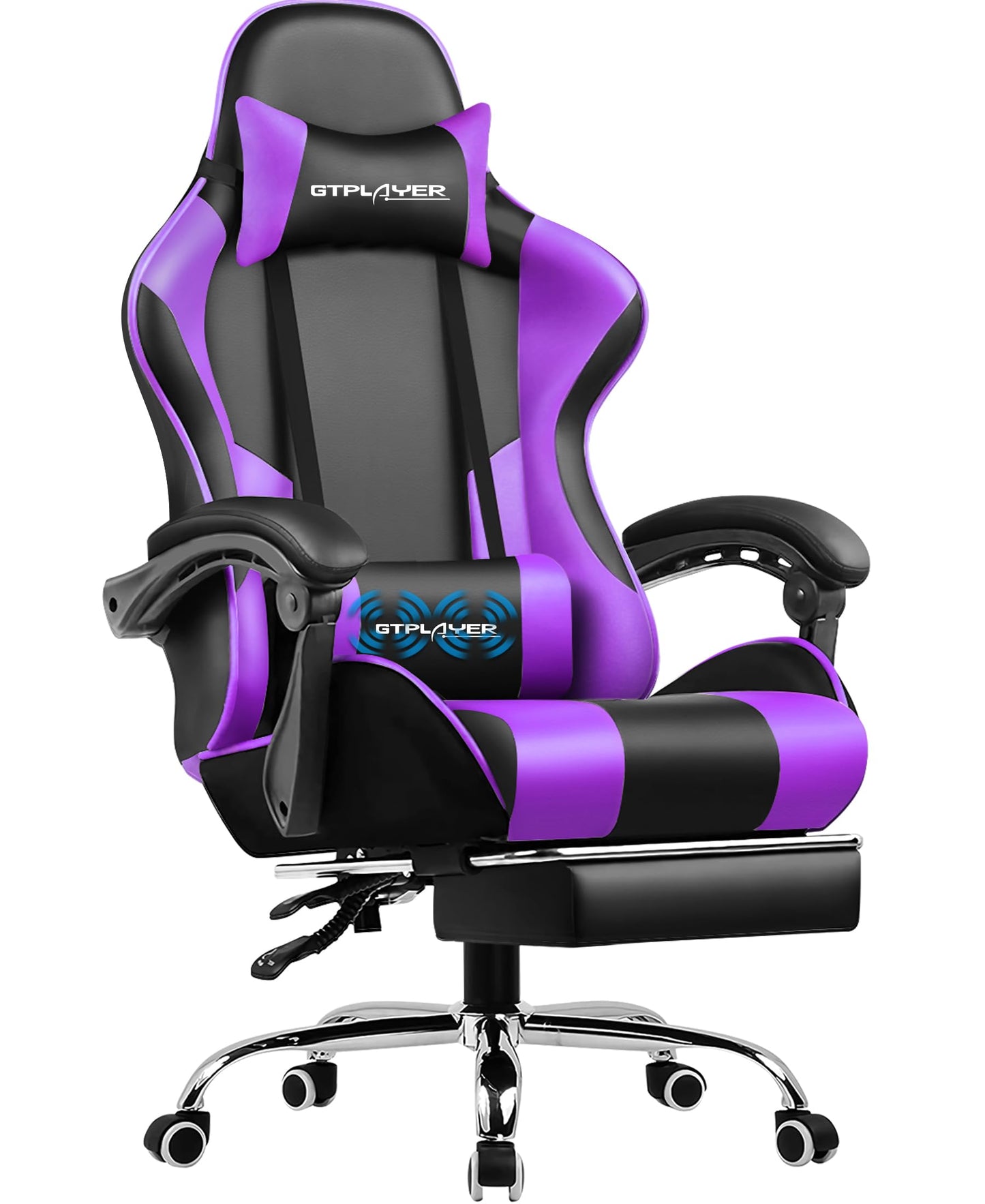 GTPLAYER Office Chair Gaming Chair Massage Gaming Armchair Ergonomic Gamer Chair with Footrest, Headrest Massage Lumbar Cushion, Padded Gaming Chair, Swivel Chair White