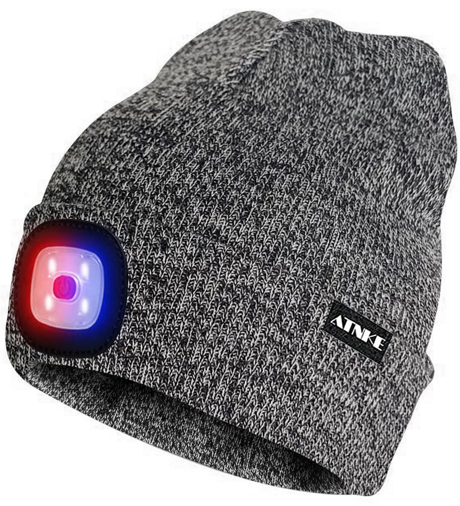ATNKE LED Beleuchtete Mütze,Wiederaufladbare USB 4 LED Rot und Blau Leuchten Blinkender Laufmütze mit Licht Extrem Heller Lampe Winter Warme für Herren und Damen Geschenke