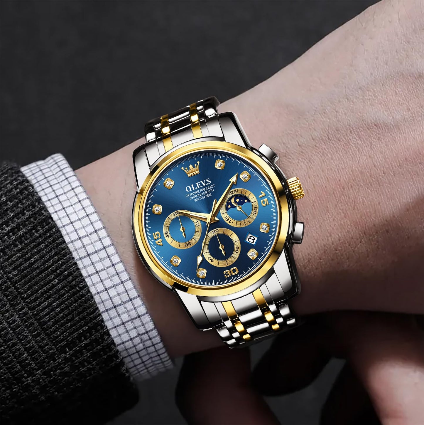 OLEVS Uhren Herren, Edelstahl Analoger Quarzuhr, Multifunktionale Diamanten Herrenuhren, Klassisches Luxuskleid Herrenuhr