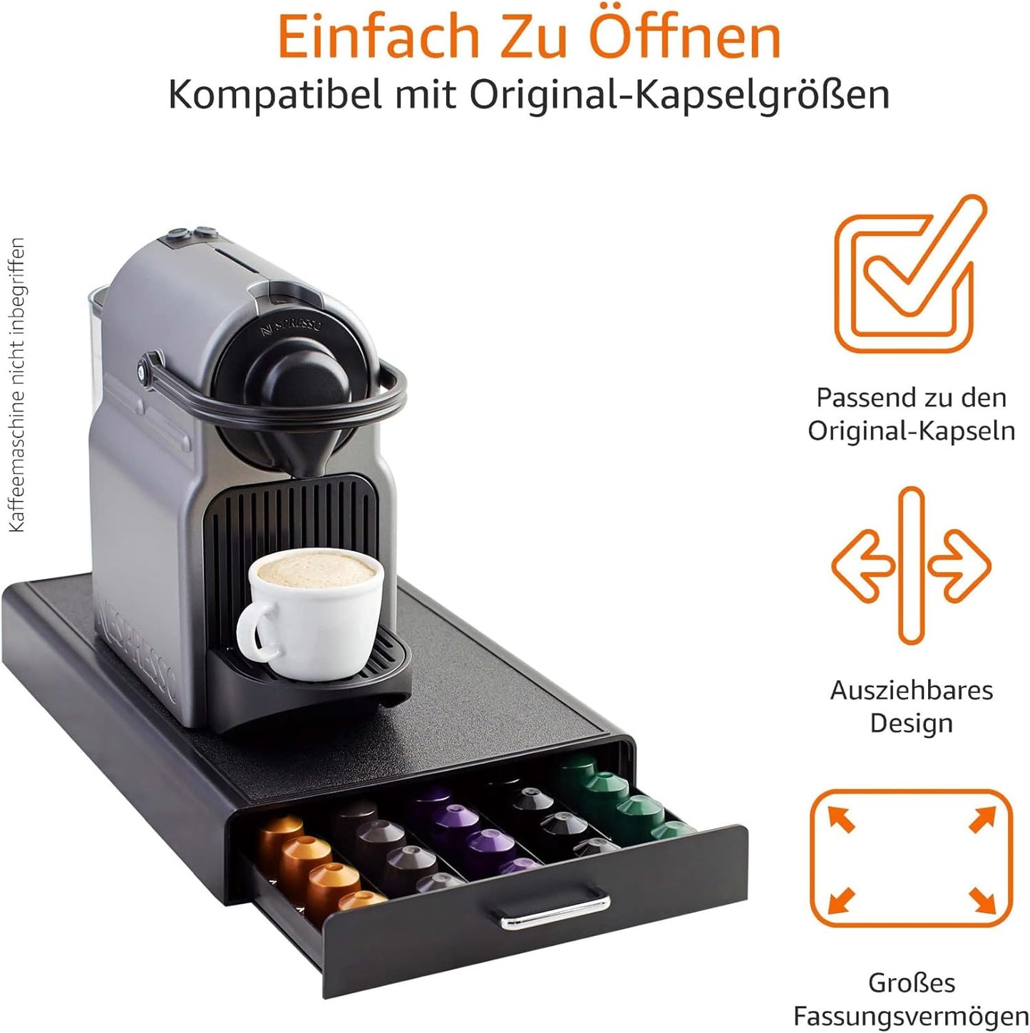Amazon Basics 1 Schubladenbox zur Aufbewahrung von Nespresso Originalline Kaffeekapseln, Kunststoff, Fassungsvermögen: 50 Kapseln, Belastbarkeit 4,5 kg, Schwarz