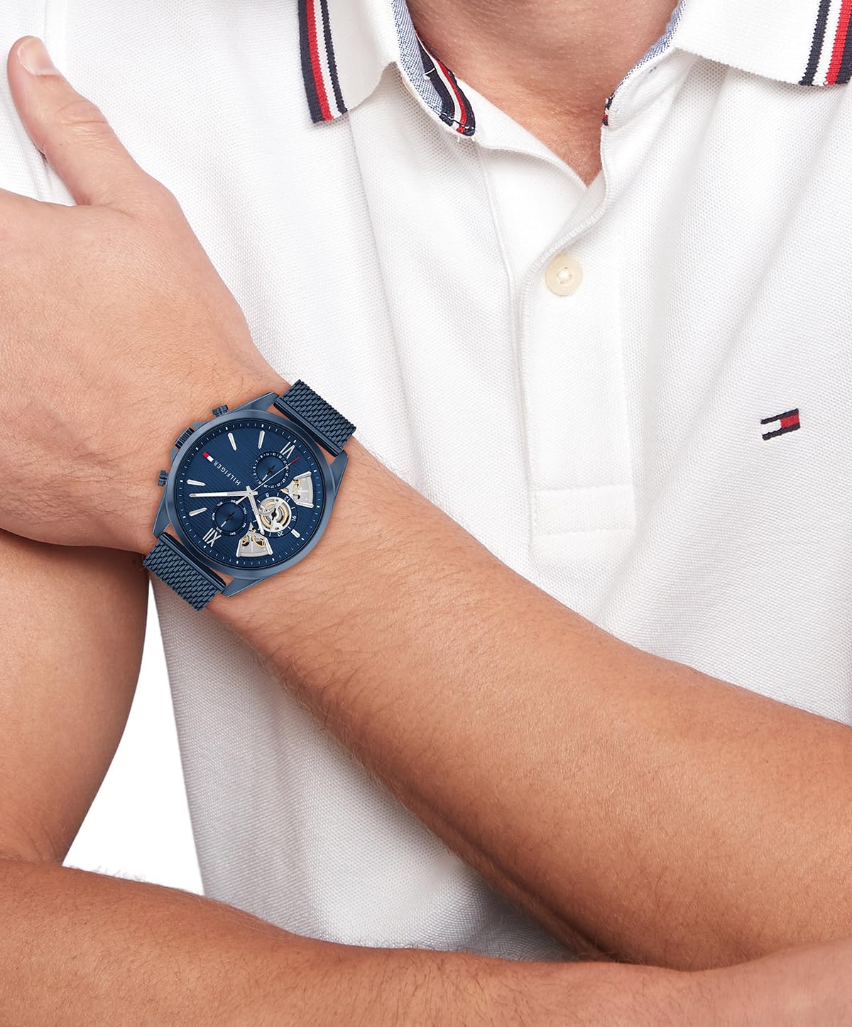 Tommy Hilfiger Multi Zifferblatt Quarz Uhr für Herren mit Silbernes Edelstahl-Mesh-Gliederarmband und Lederarmband