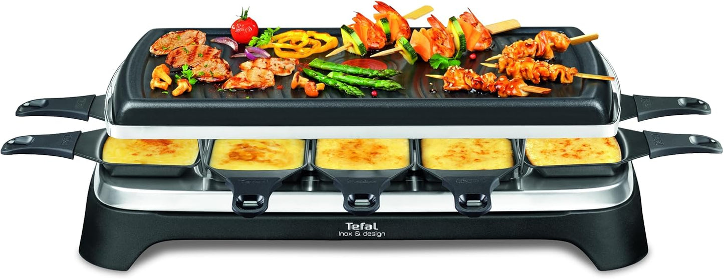 Tefal Raclette Grill Ambiance, Raclette 10 Personen, inkl. Tischgrill-Funktion, Grillplatte antihaftbeschichtet + spülmaschinengeeignet, abnehmbares 2 Meter-Kabel, schwarz, Edelstahl, 1350W, RE4588