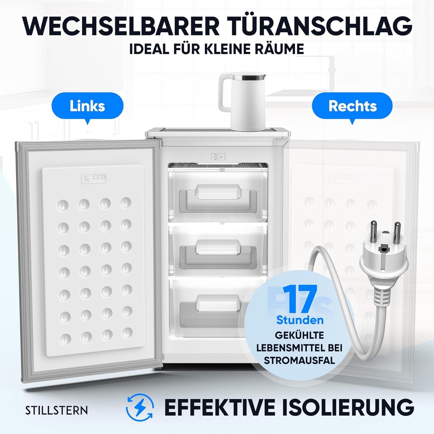 Stillstern freezer C (73L) 4-star freezer compartment -18°C, low energy consumption, 3 compartments, continuously adjustable temperature, reversible door hinge, small freezer, deep freezer