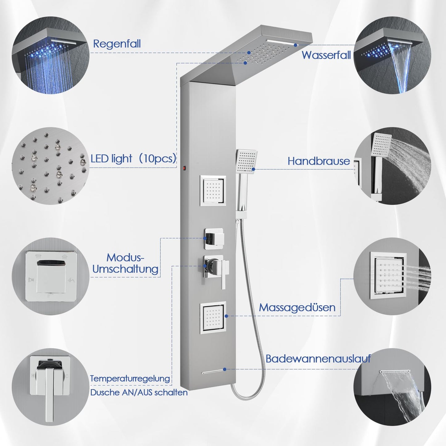 LED Duschpaneel mit Thermostat, OUGOO 6 Funktionen Duschpaneel mit Armatur, Regendusche, Wasserfalldusche, 2-Typ-Massagedüsen, Handbrause und Badewanneneinlauf, 304 Edelstahl, Schwarz
