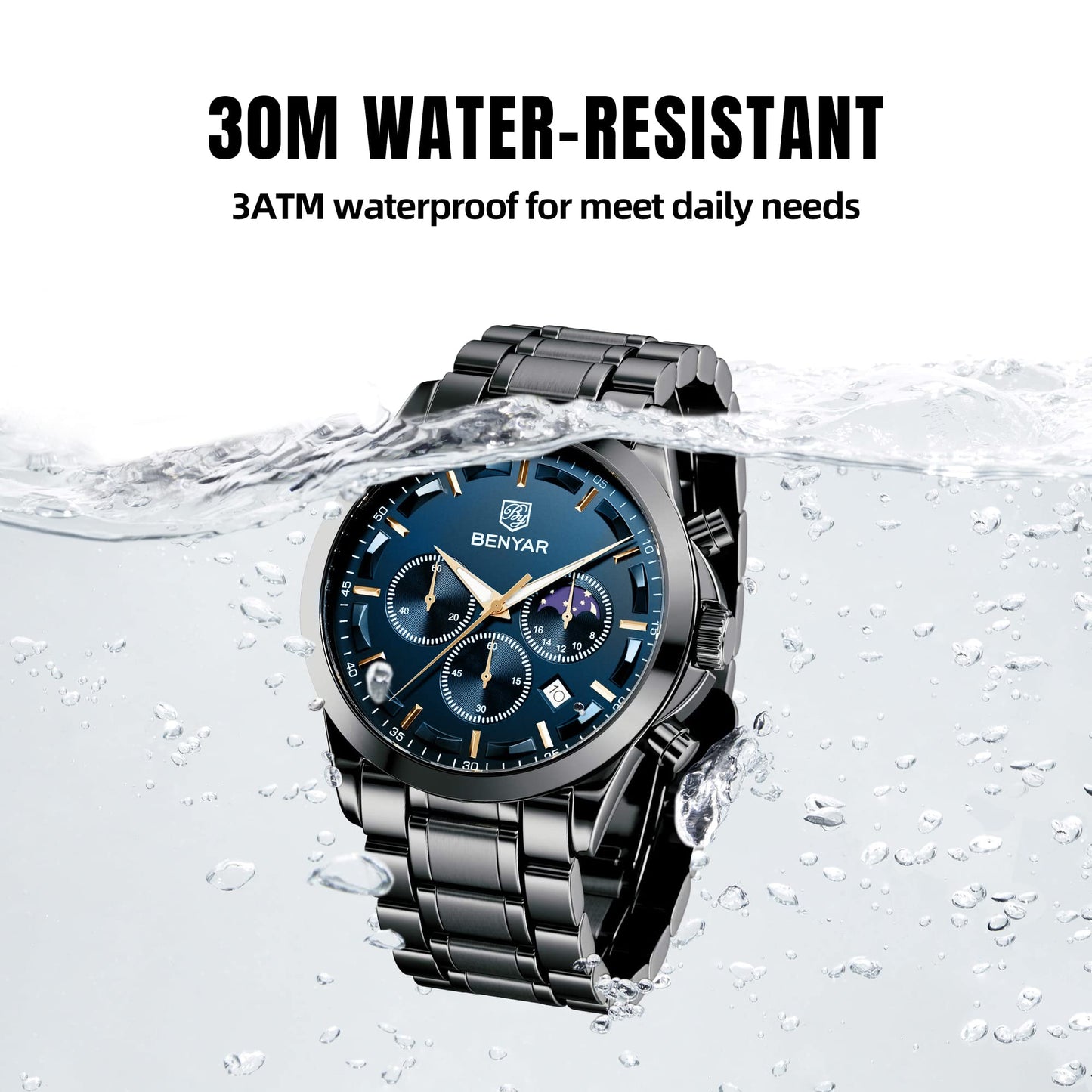 BY BENYAR Uhren Herren Chronograph Analog Quarz Wasserdicht Armbanduhr Herren Mode Lässig Business Herrenuhr mit Kalender Lederarmband/Edelstahlarmband Uhr Geschenk für Männer