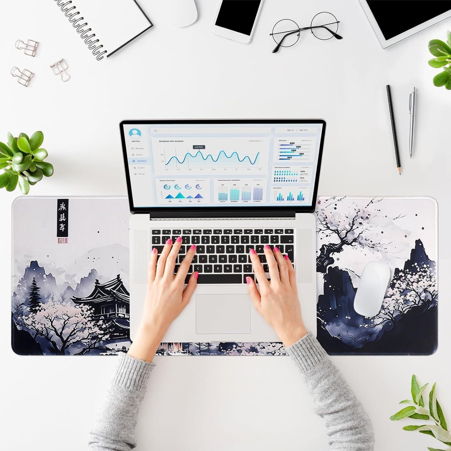 shangtushunli Japanische Weiße Mauspad, Große Kirschblüte Schreibtisch Matte, Anime Gaming Tastatur Matte, Rutschfeste Gummibasis, Großer Erweiterter Schreibtisch Schutz Für Home Office1