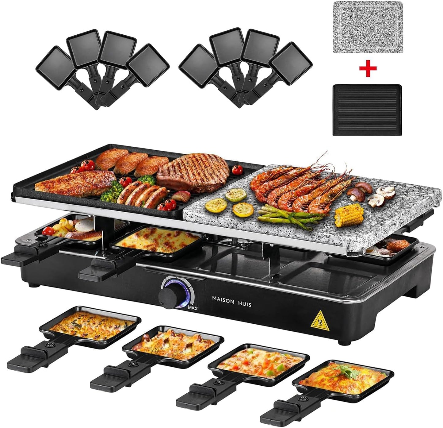 Raclette Grill mit Naturgrillstein und Grill-Platte 2-in-1 Raclette Grill,8 Personen Grillplatte Tischgrill Elektrisch Elektrogrill Heißer Stein 1400 Watt mit 8 Pfännchen