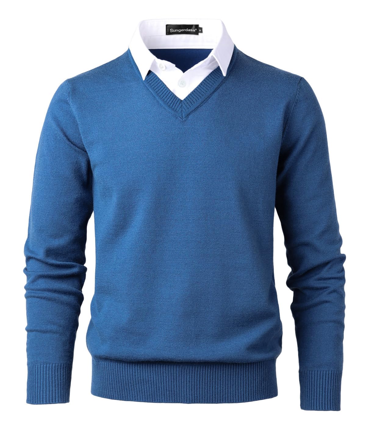 Sungerdasa Men’s 2-in-1 Mock Shirt Collar Sweater – Fine Knit Pullover