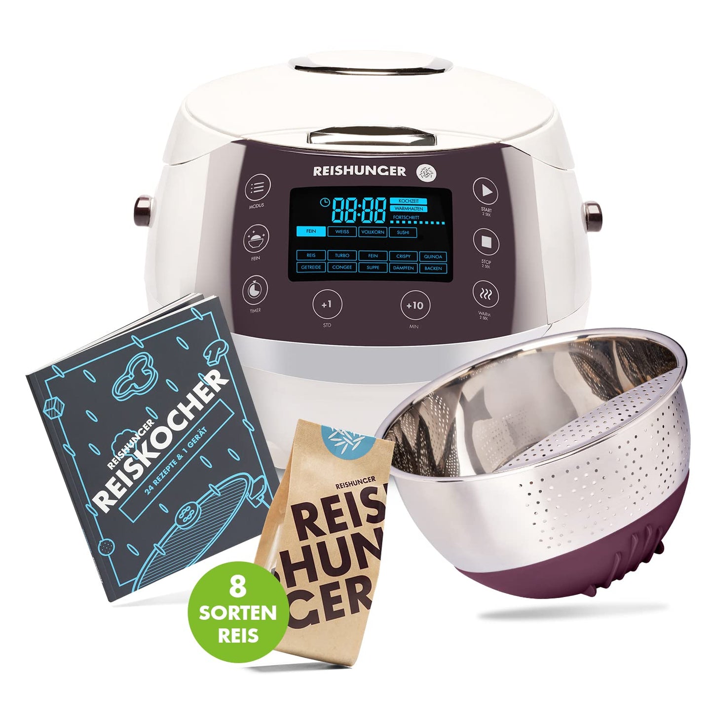 REISHUNGER Digitaler Reiskocher & Dampfgarer Grau | 1,5 L bis 8 Personen | Warmhaltefunktion, Timer & Premium Innentopf | Multikocher, 12 Programme, 7-Phasen-Technologie