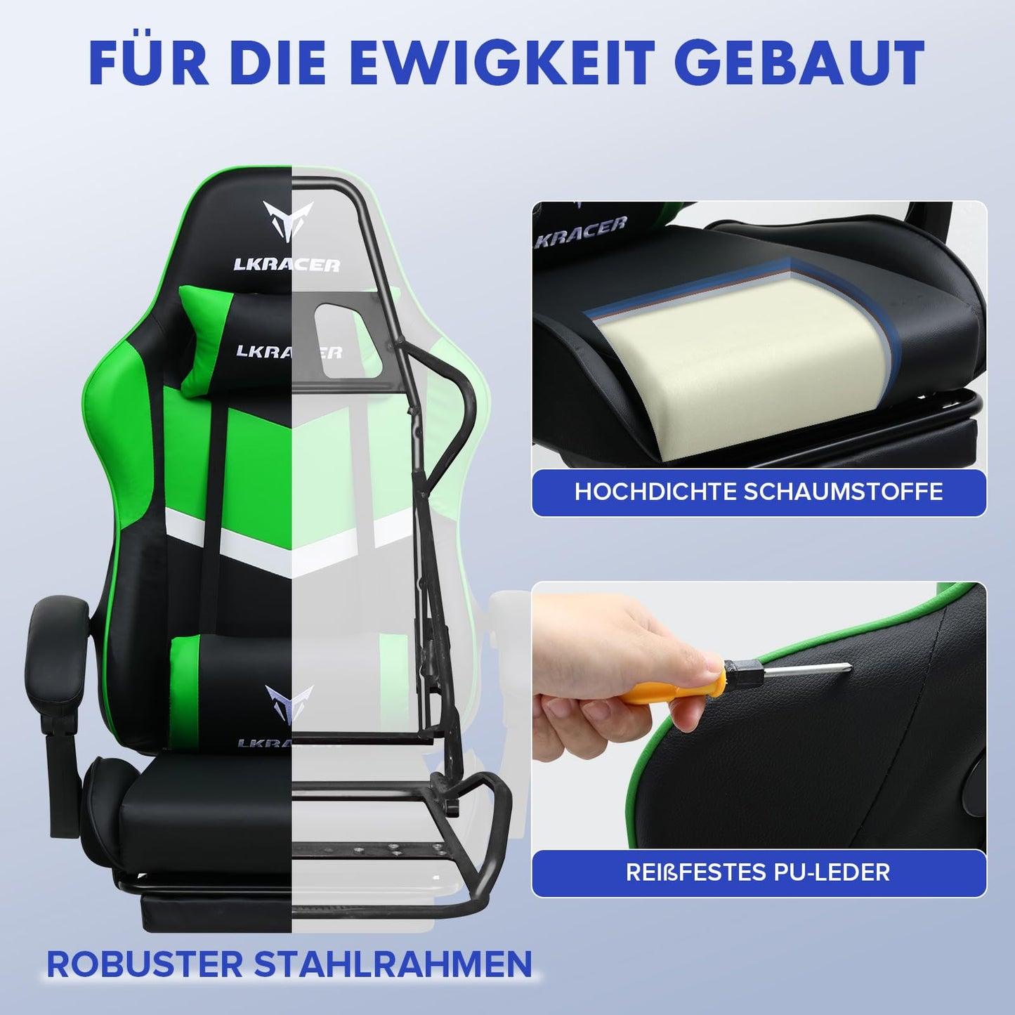 LUCKRACER Gaming Stuhl mit fußstütze Bürostuhl Ergonomisch mit verstellbare Lendenkissen, Kopfkissen Gaming Chair,Höhenverstellbarer Gamer Stuhl, 150 kg Belastbarkeit Grau