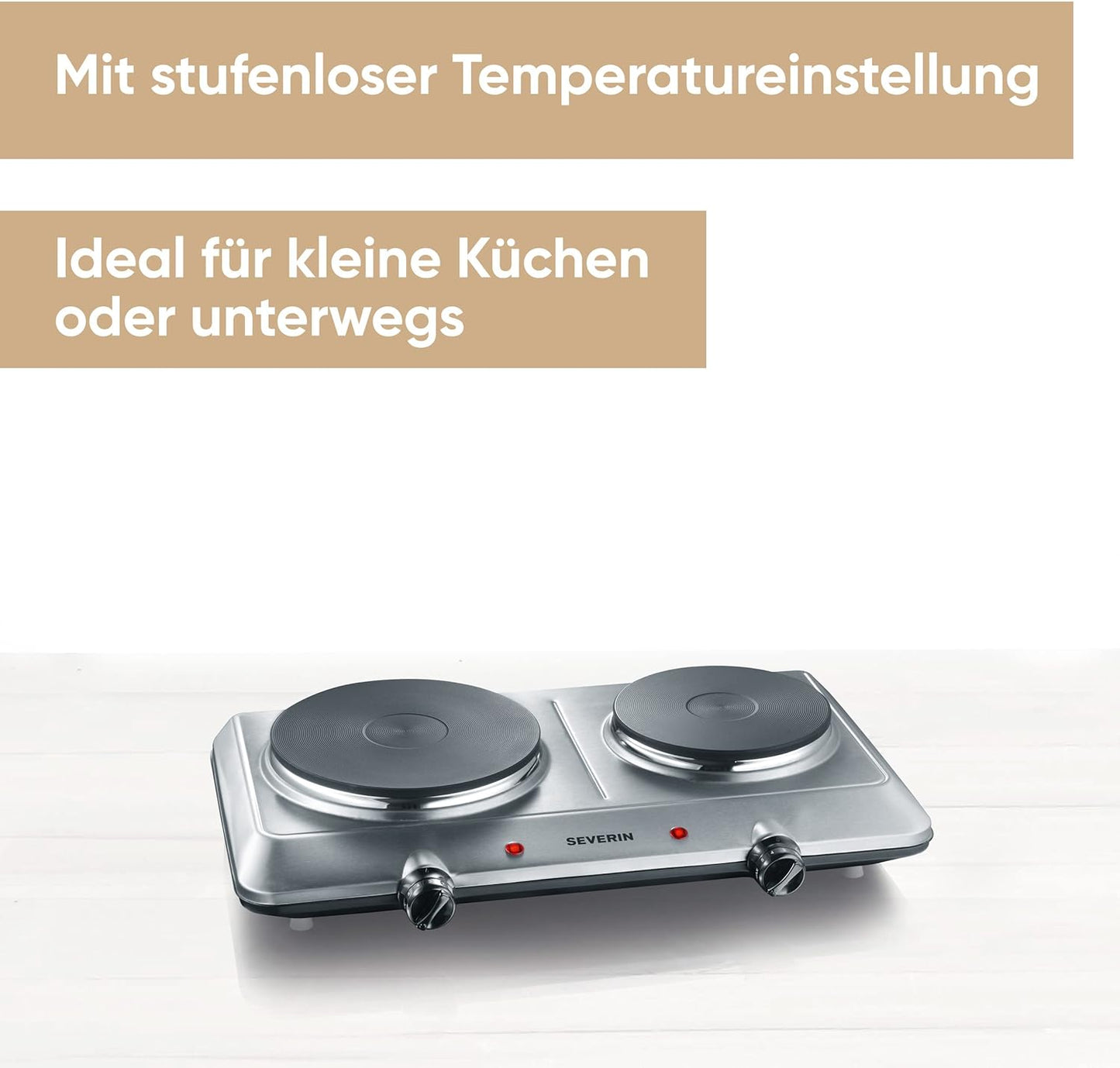 SEVERIN Doppel Kochplatte für Küche, Büro oder Camping, kleine Herdplatte mit stufenloser Temperatureinstellung, Campingkocher für zwei Töpfe, Edelstahl, 2.500 W, DK 1014