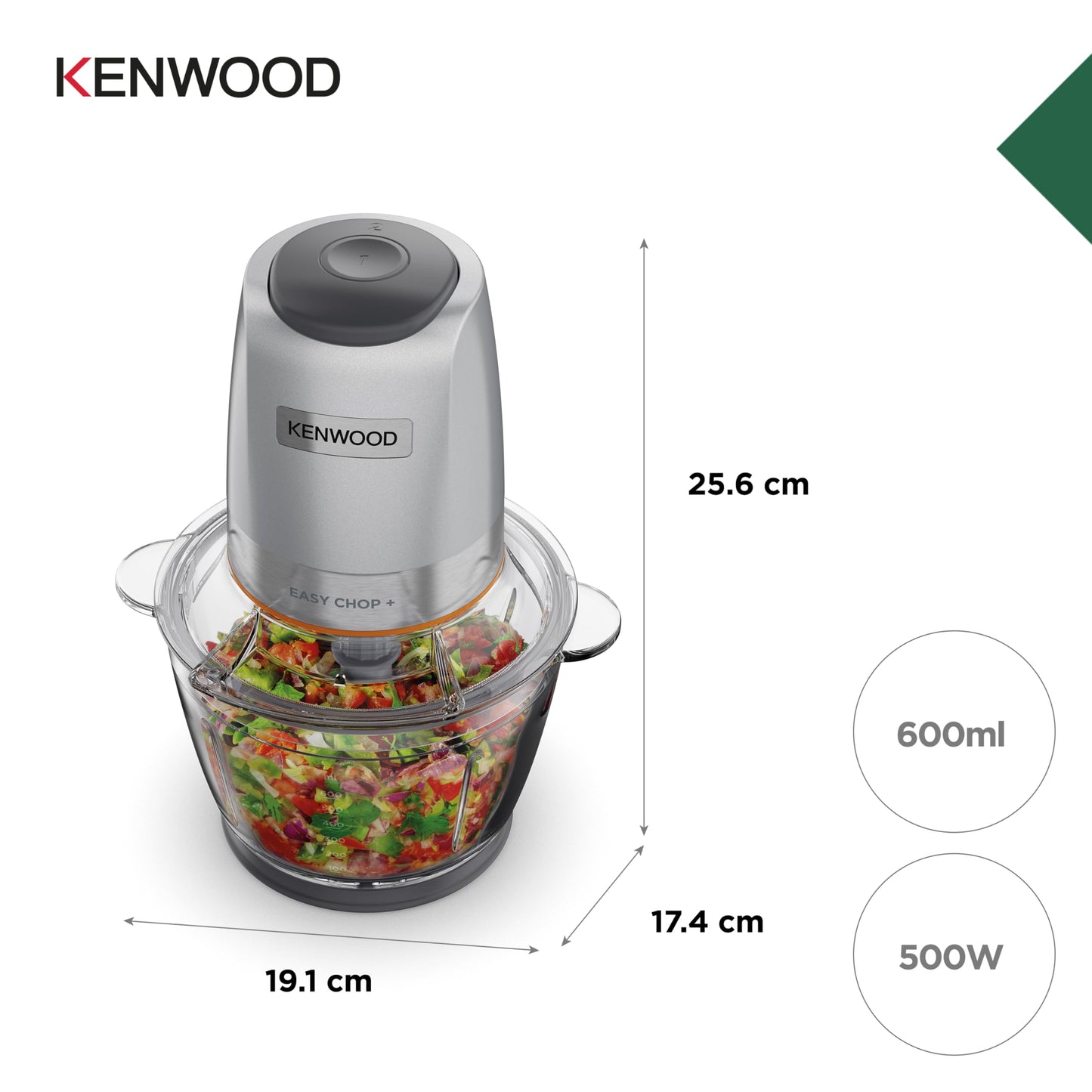 Kenwood Easy Chop CHP61.100WH Zerkleinerer, elektrischer Mini Universalzerkleinerer mit 2 Geschwindigkeitsstufen, 0,5 l Arbeitsbehälter, 500 Watt, Weiß