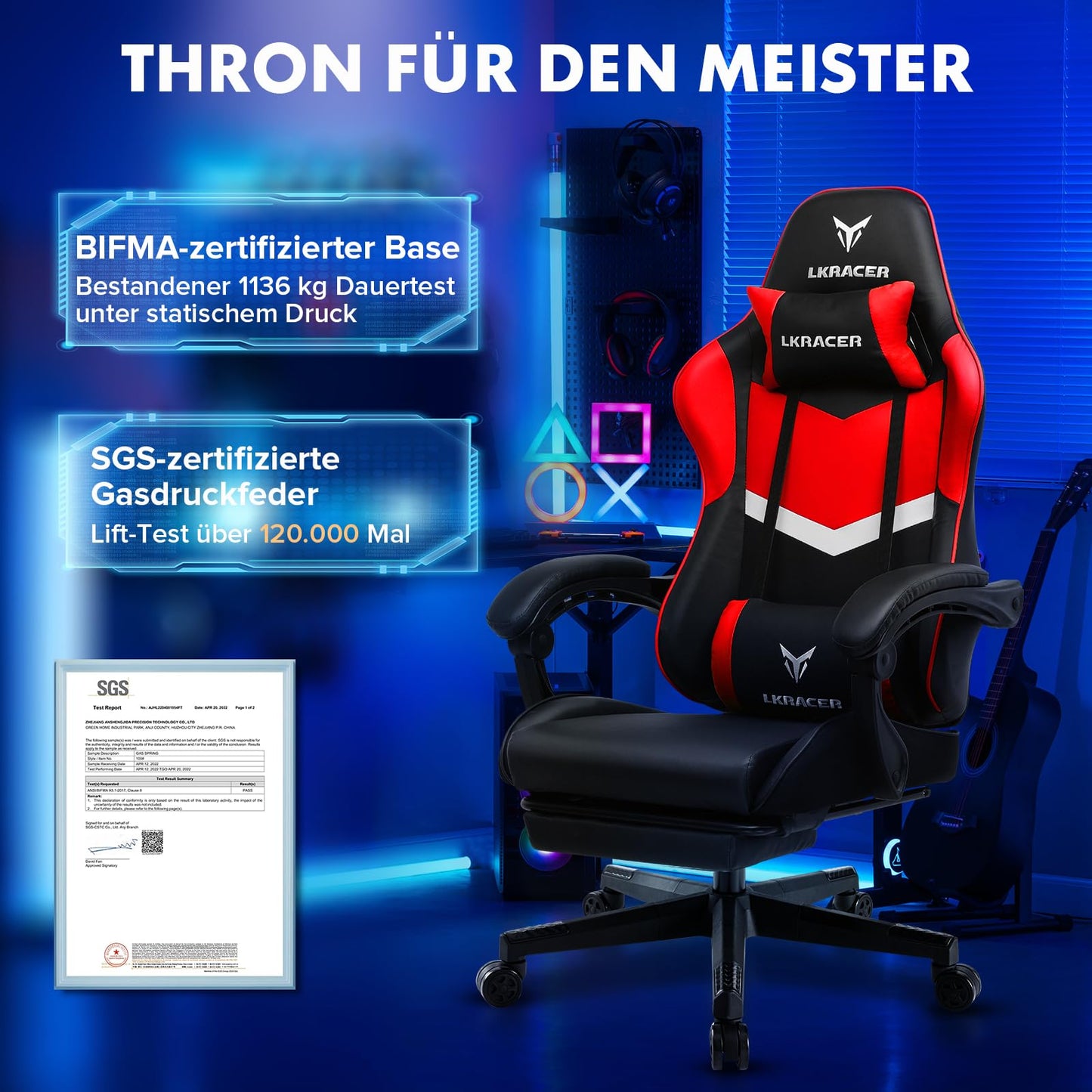LUCKRACER Gaming Stuhl mit fußstütze Bürostuhl Ergonomisch mit verstellbare Lendenkissen, Kopfkissen Gaming Chair,Höhenverstellbarer Gamer Stuhl, 150 kg Belastbarkeit Grau
