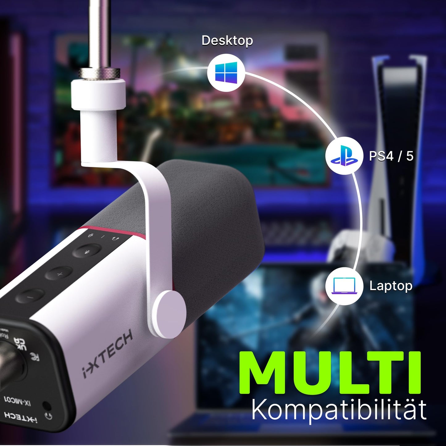 IXTECH Dynamisches Mikrofon mit Nierencharakteristik RGB Gesangsmikrofon USB XLR Studiomikrofon Software Stummschalttaste Microphone für Podcasting Streaming Aufnahme Gaming und Voice-Over Schwarz
