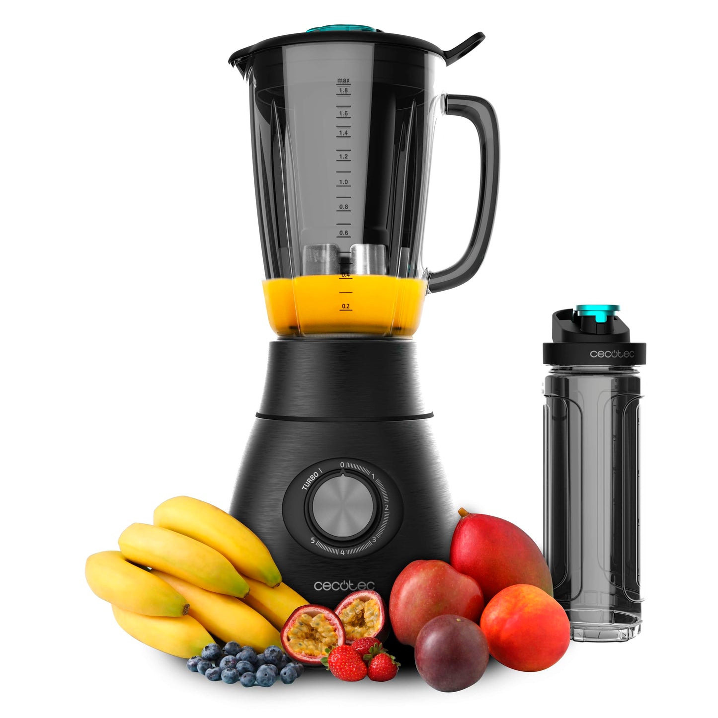 Cecotec Standmixer Power Black Titanium 1800MAX Blend It, 1800 W maximale Leistung, 5 Geschwindigkeiten, 6 Klingen aus Edelstahl, Ice-Crush-Funktion, Turbo- und Smoothie-Funktion, AutoClean-Funktion