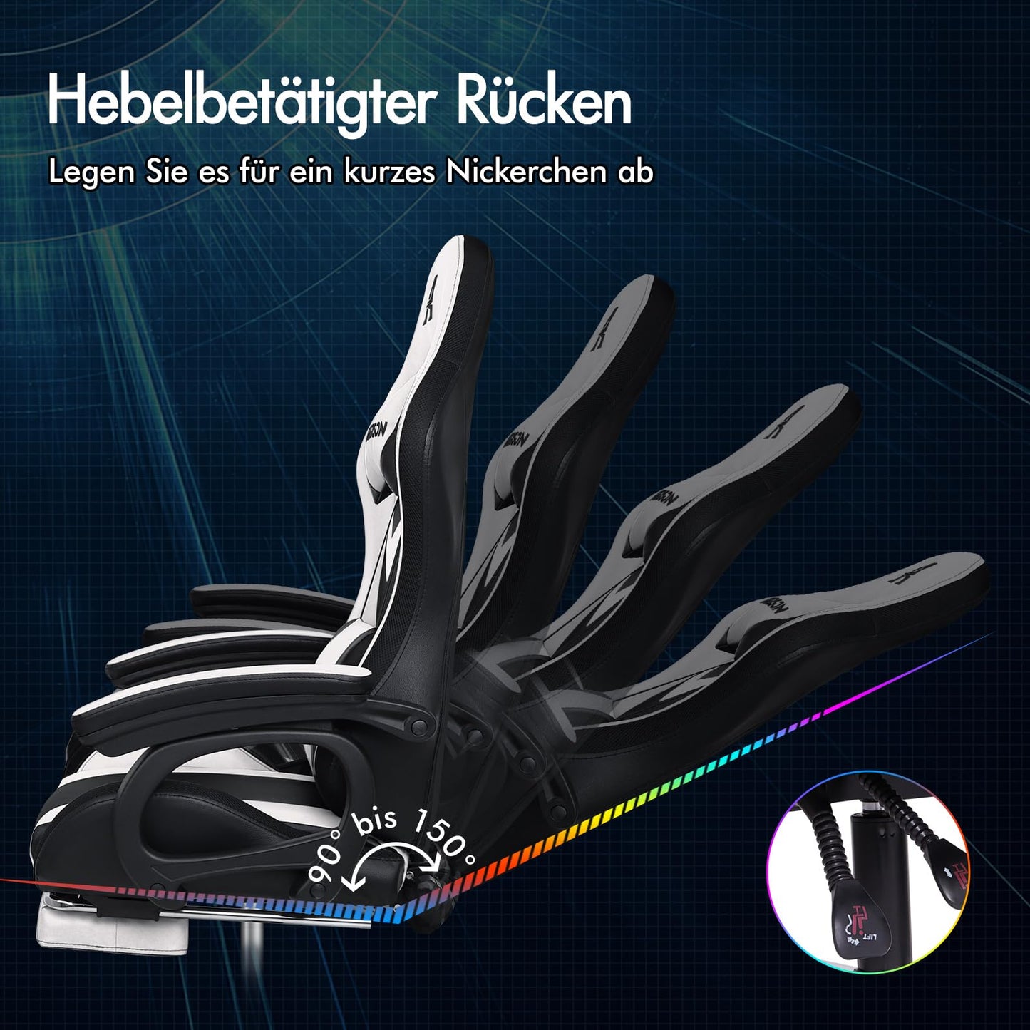 ALFORDSON Gaming Stuhl mit 8-Punkt Massage 12 Farben RGB LED-Licht, Bürostuhl Ergonomisch mit fußstützen, Kopfstütze Lendenkissen für Kinder Erwachsene, Schwarz
