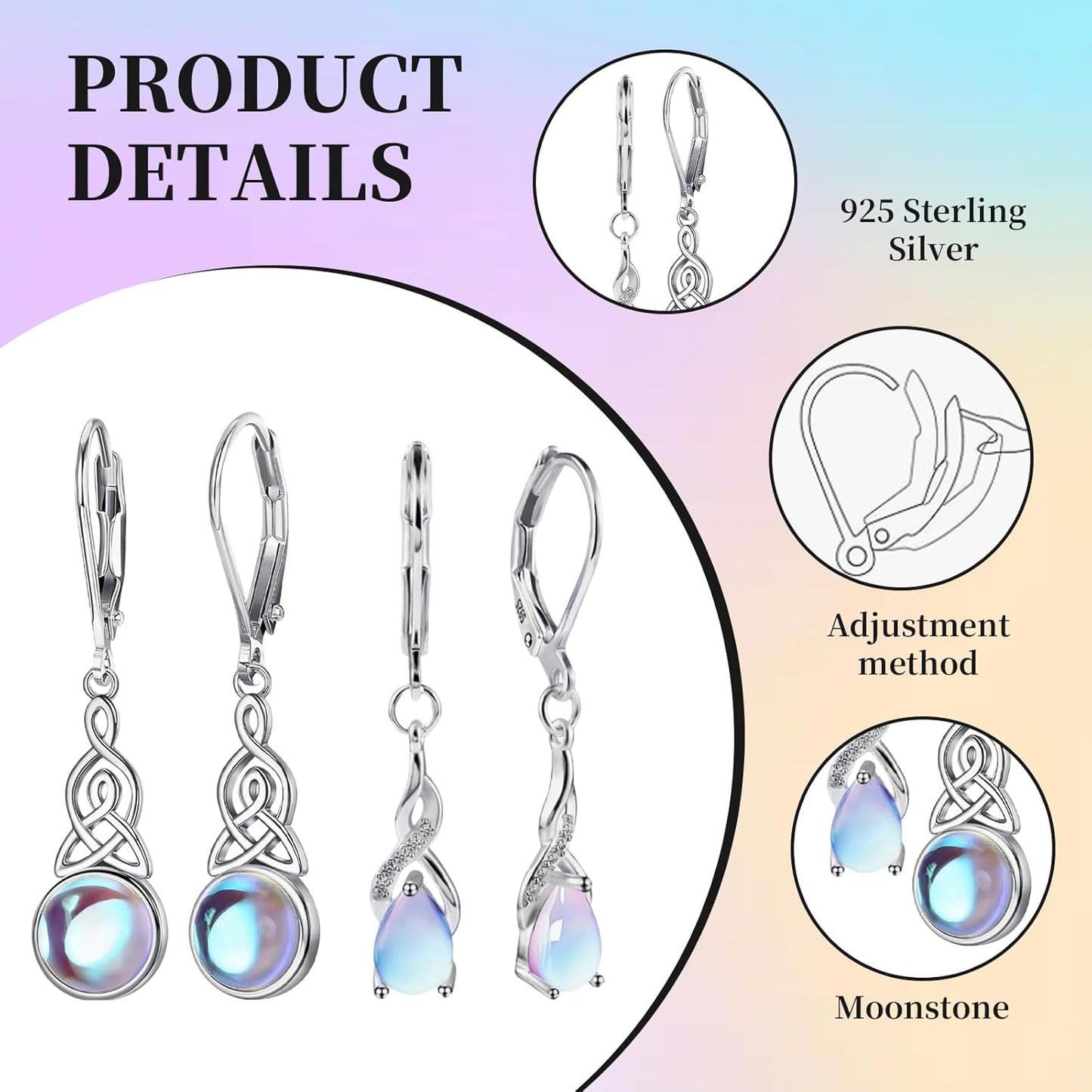 2 Pair 925 Sterling Silver Moonstone Dangle Earrings for Women