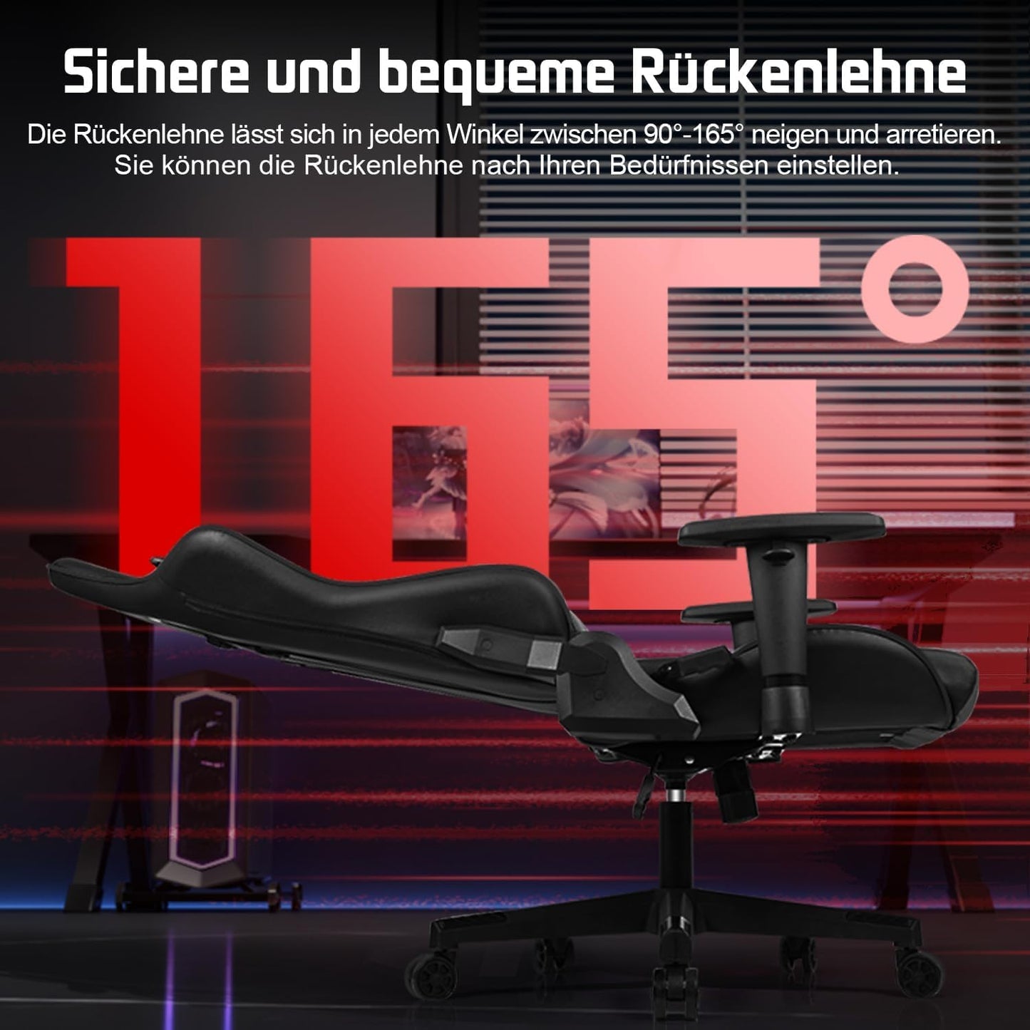Homimaster Gaming Chair, Ergonomic Office Chair with Adjustable Lumbar Cushion, Head Cushion and Armrests, Padded Gaming Chair, Gamer Chair with Rocking Function, Gaming Chair 150 kg Load Capacity