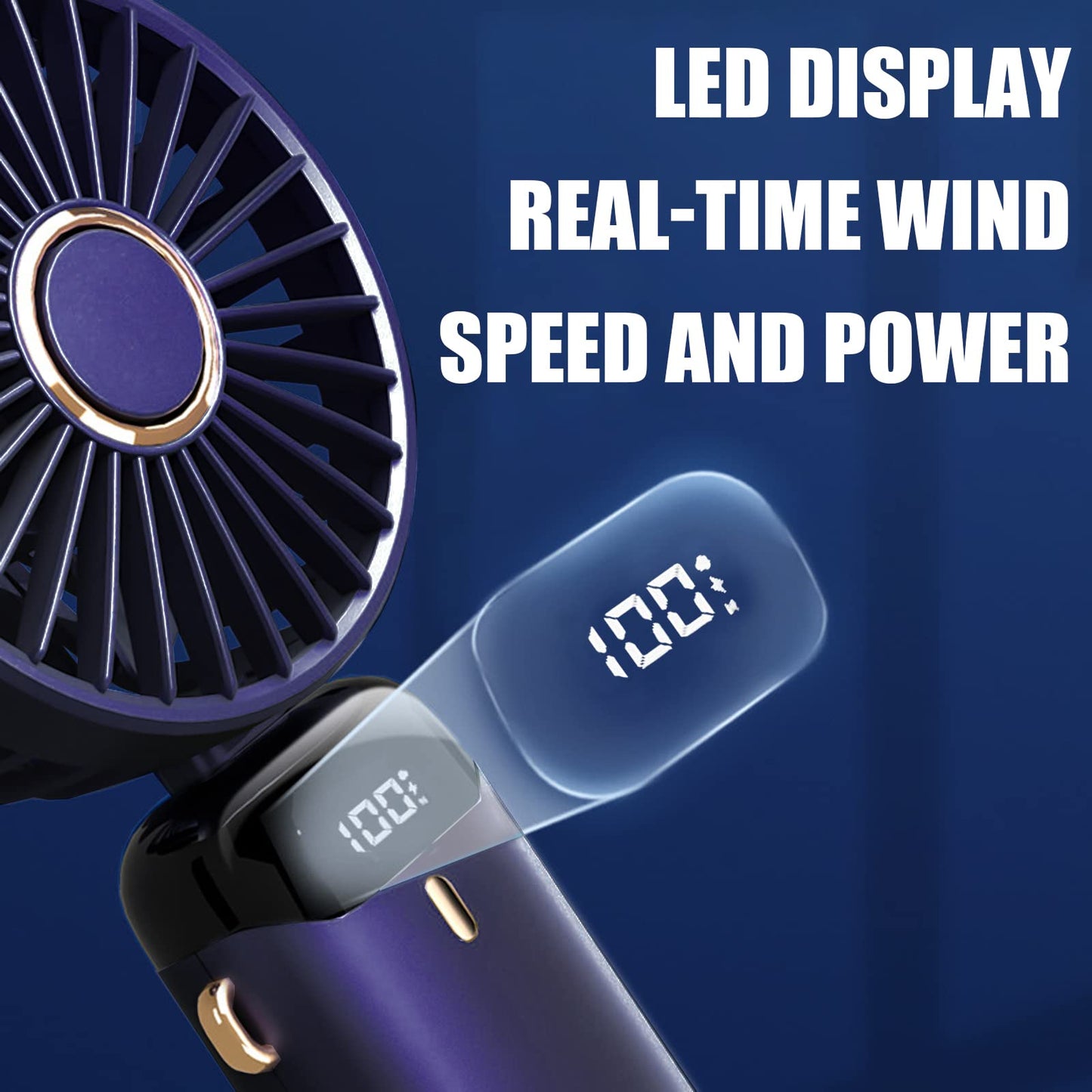 Jsdoin Handventilator, Tragbarer Mini Ventilator, Wiederaufladbar, Kleiner Taschenventilator Mit 5 Geschwindigkeitsstufen, Faltbarer USB-Ventilator für Büro, Outdoor (Dunkelblau)