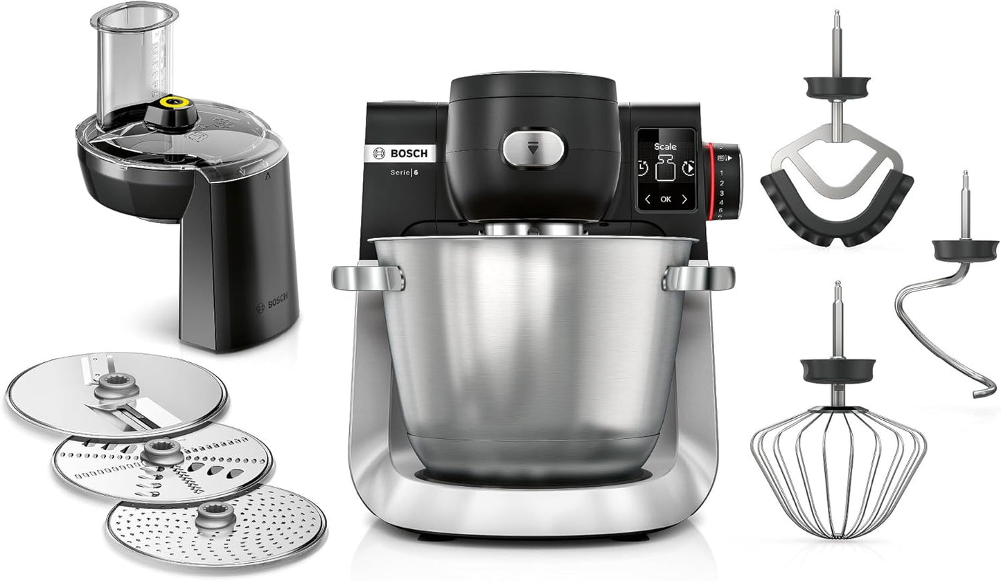 Bosch Küchenmaschine Serie 6 MUMS6ZS13D, NEU, Automatikprogramme, integr.1g Waage, 5,5l Schüssel, Durchlaufschnitzler, Scheiben, Knethaken/Rührbesen/Silikonbesen, spülm.fest, 1.600 W, silber/schwarz