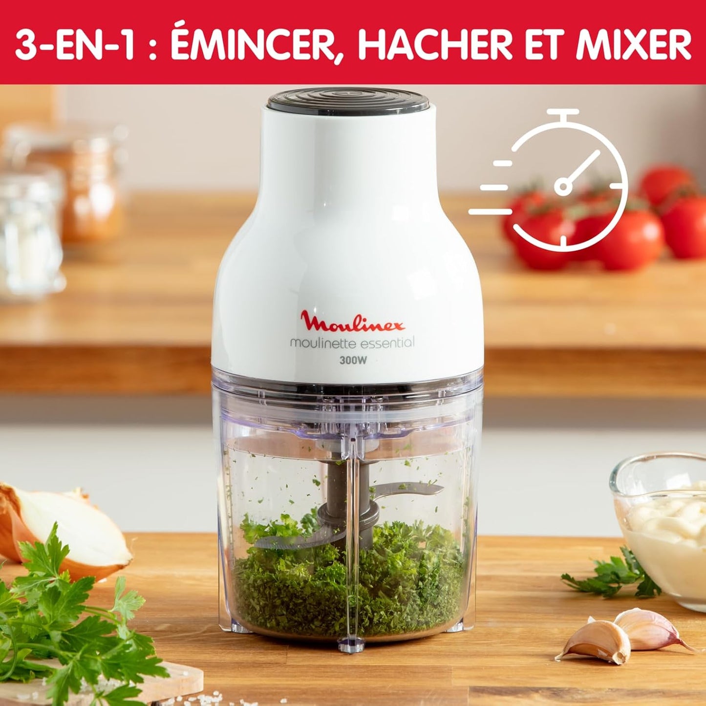 Moulinex Moulinette Essential DJ5201 3-in-1 Zerkleinererer, Mixen und Schneiden, Druckdeckel-System 300 W, Fassungsvermögen 0,4 l