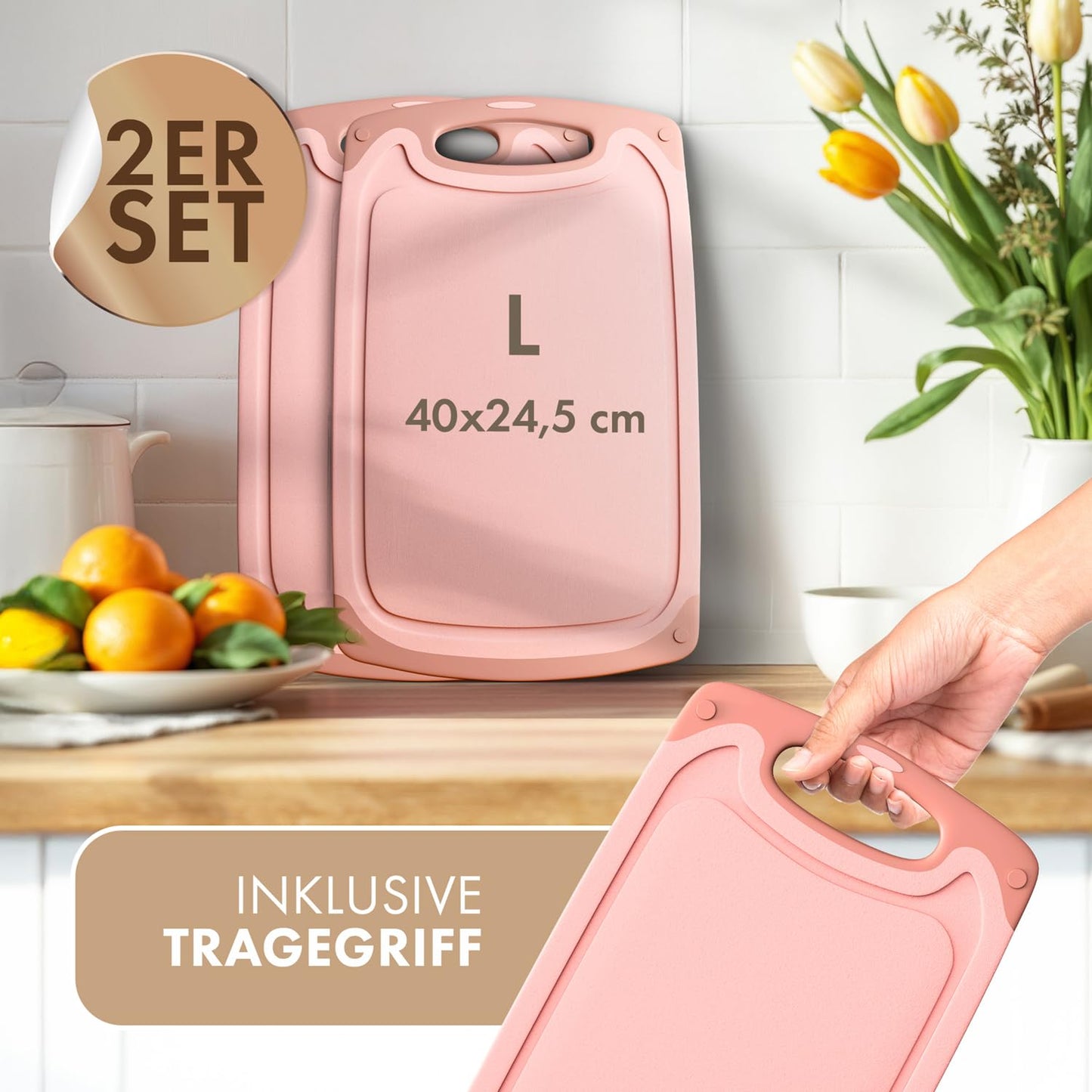 Blumtal Schneidebrett Set mit 3 Größen (S/M/L) - Schneidebrett Kunststoff groß + Saftrillen & Griff - Cutting Board - Küchenbrett BPA frei - Schneidbrett Spülmaschinenfest - Schneidebretter Grau