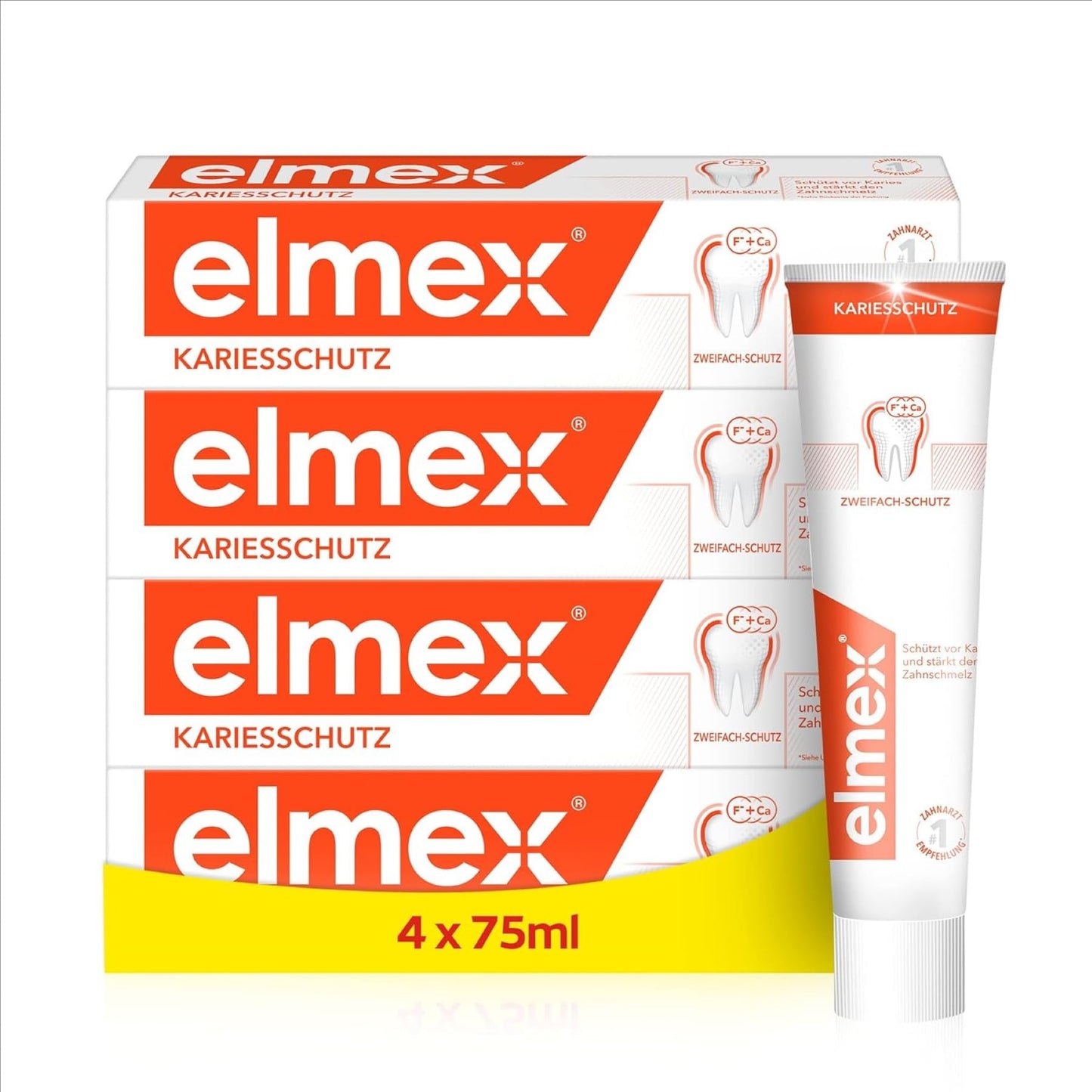 elmex Zahnpasta Kariesschutz 4x75ml – medizinische Zahnreinigung für hochwirksamen Kariesschutz – bietet zweifach aktives Kalzium-Fluorid Schutzschild für widerstandsfähige Zähne