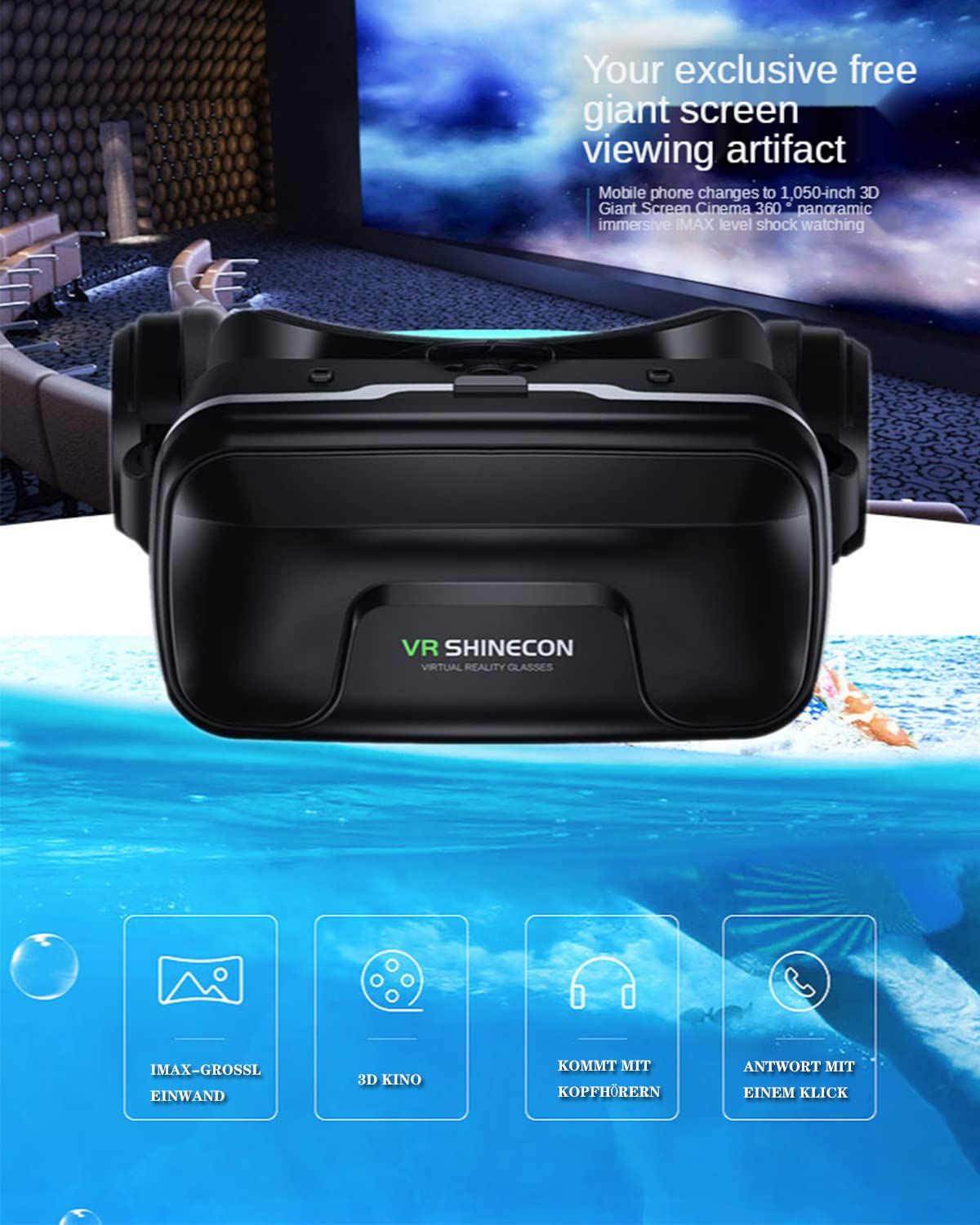 VR Brille für Handy,VR Headset Virtual Reality Brille 3D mit Bluetooth Fernbedienung Erleben Spiele für Android/iOS 4,7-7,2 Zoll Handys Kinder Erwachsene Geschenk 2023 New