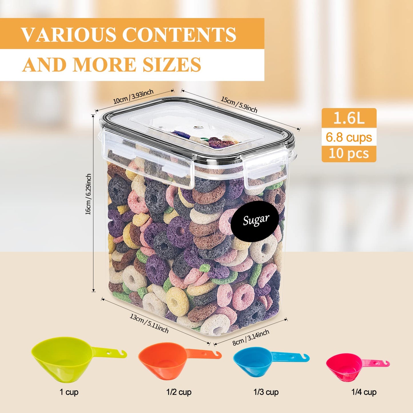 Storage Jars with Lid, Airtight, Large, 4 L, Set of 4, BPA-Free, Storage Box, Kitchen, Moth-Proof Kitchen Organiser, Flour, Spaghetti Cornflakes, Cereal Storage, Storage Container with Labels
