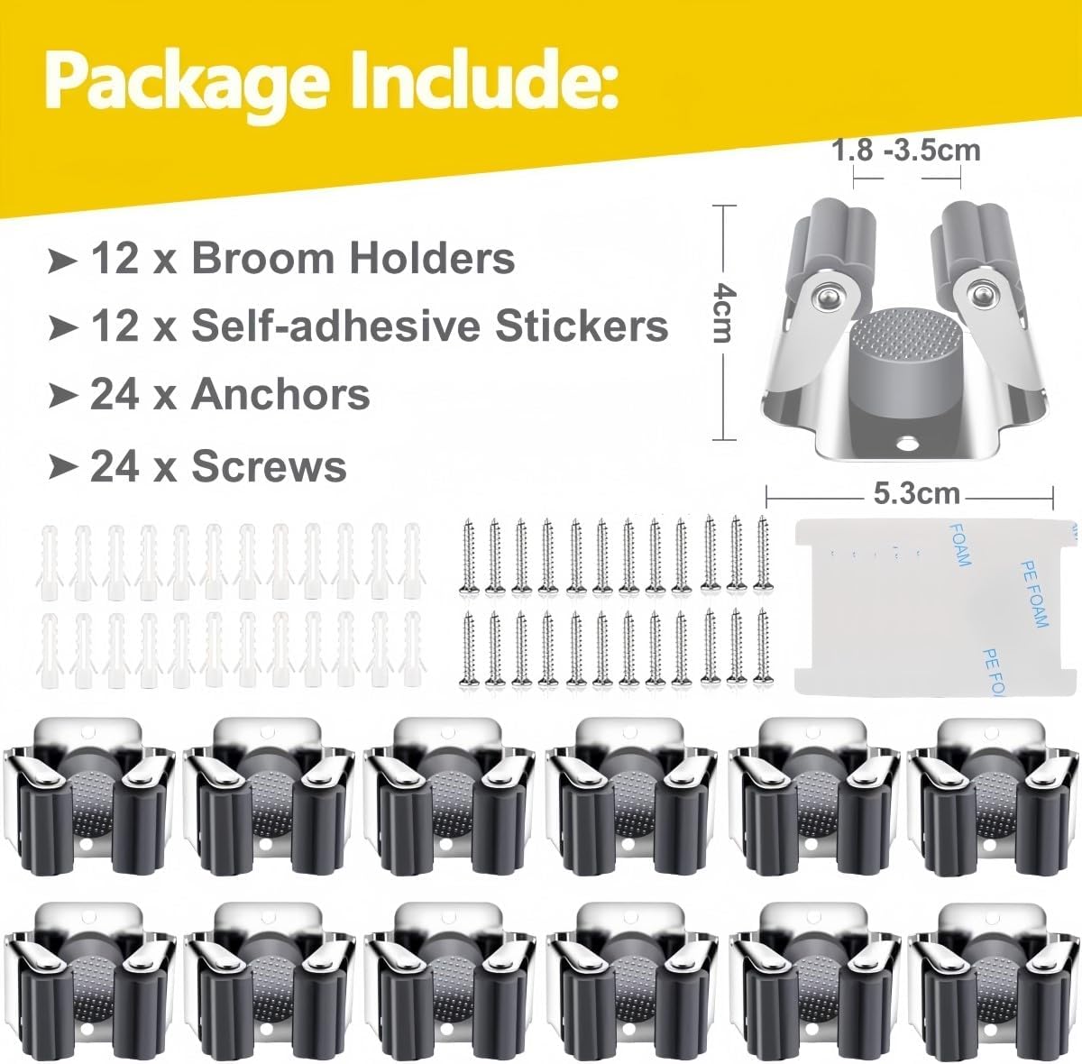 KAHEIGN 12Pcs Gerätehalter Set, Besenhalterung Wand Gartengerätehalter Besenhalter Wand, Edelstahl Wandhalterung für Wischmopp, Besen, Schaufel, Gartengeräte, Werkzeughalter Zuhause Garten