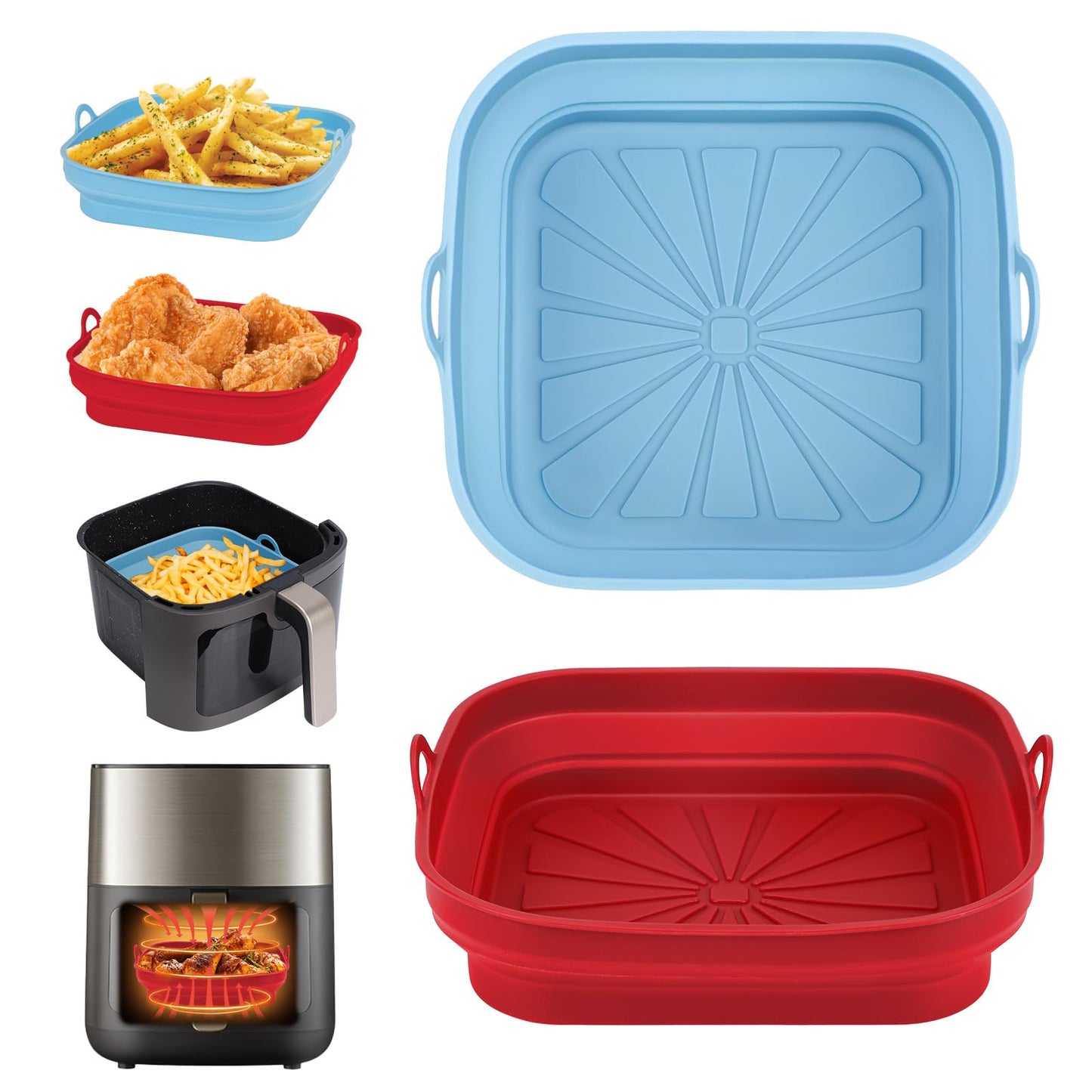 Alyvisun Silikonform für Heißluftfritteuse 2 Stück Airfryer Silikon Backform Wiederverwendbar Silikoneinsatz Zubehör Quadratisch Silikonmatte Pot Liner für Air Fryer, Mikrowelle, Ofen, Blau+Grau