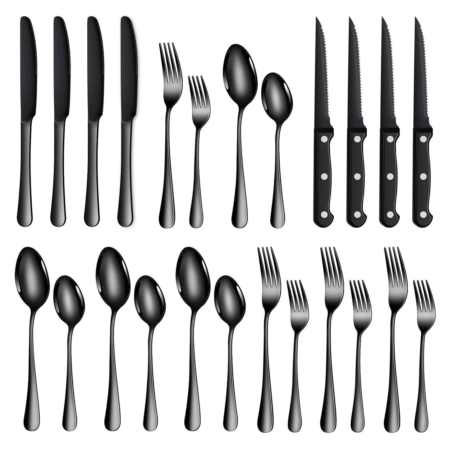 TAN REN Besteck Set Schwarz 6 Personen, 36-Teiliges Edelstahl Besteckset Schwarz mit Steakmesser, Elegantes Essbesteck mit Messer Gabel Löffel, Tafelbesteck für Küche/Restaurant