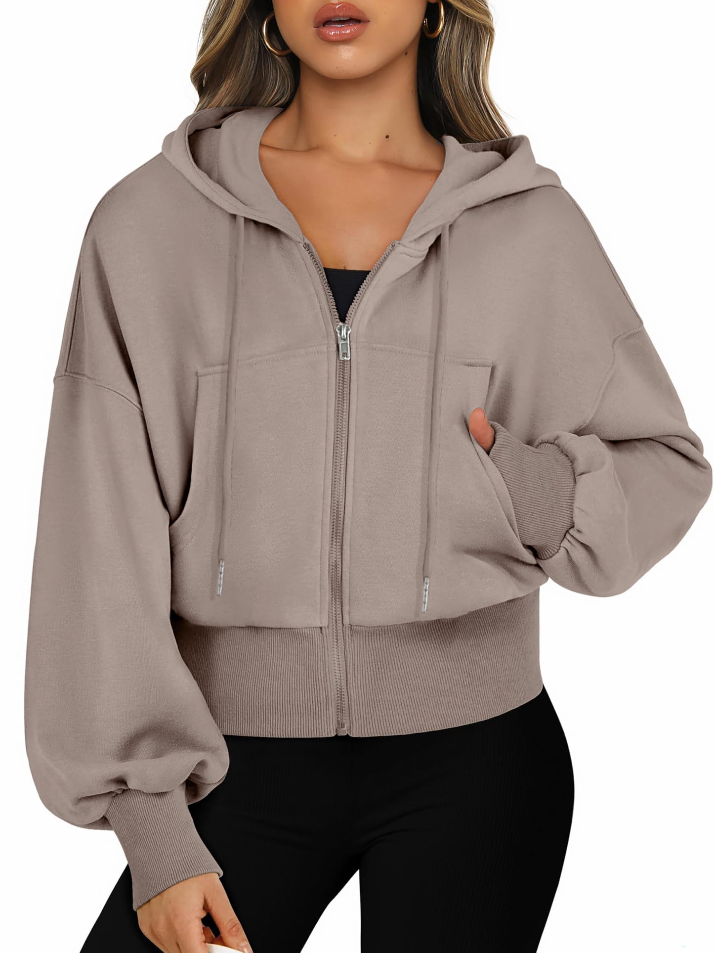Jhsnjnr Women’s Cropped Zip-Up Hooded Sweat Jacket