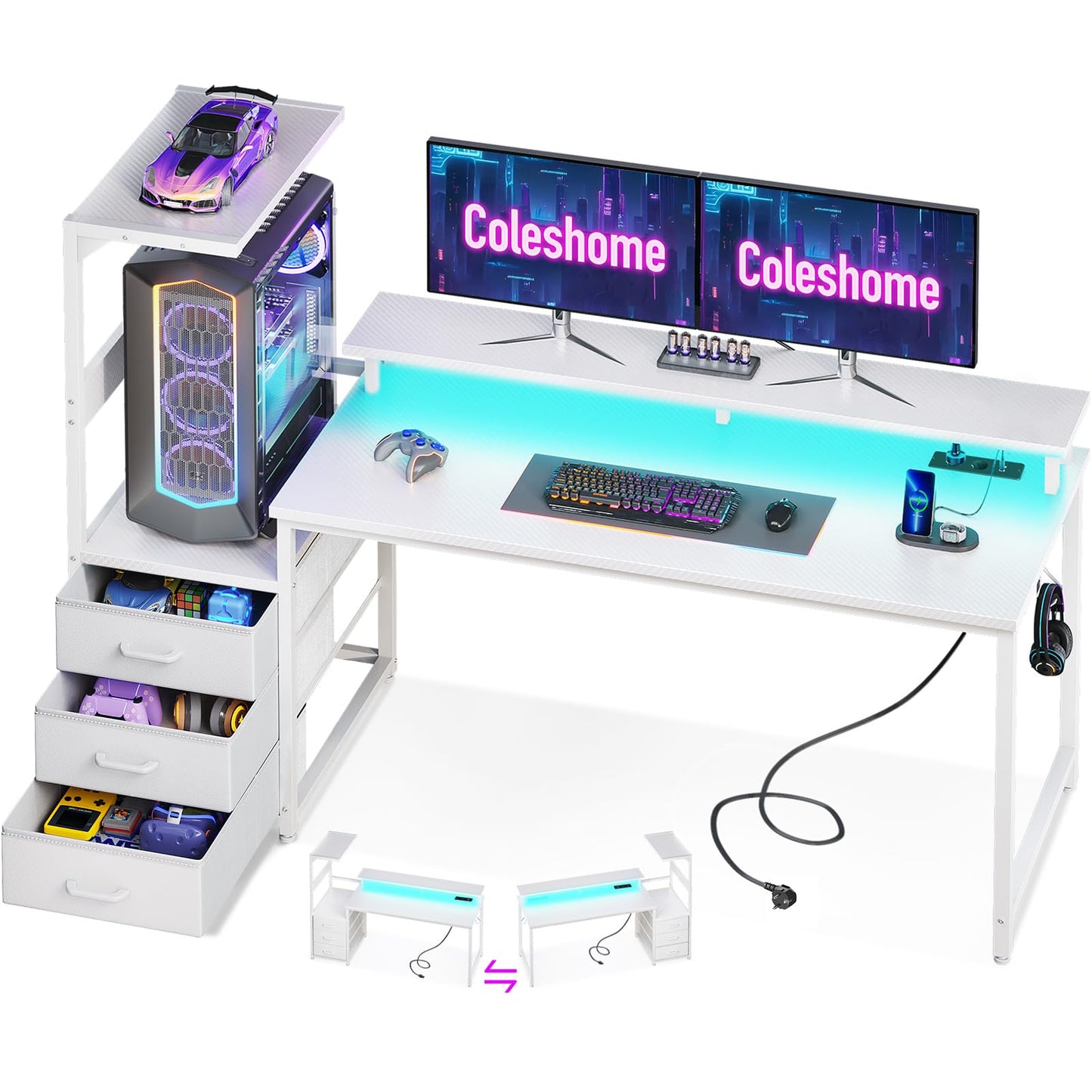 Coleshome Gaming Table with LED Lighting & Socket, Gaming Desk with Drawers, Computer Desk with Shelves & Monitor Stand, Carbon Fibre Black, 151 x 50 cm