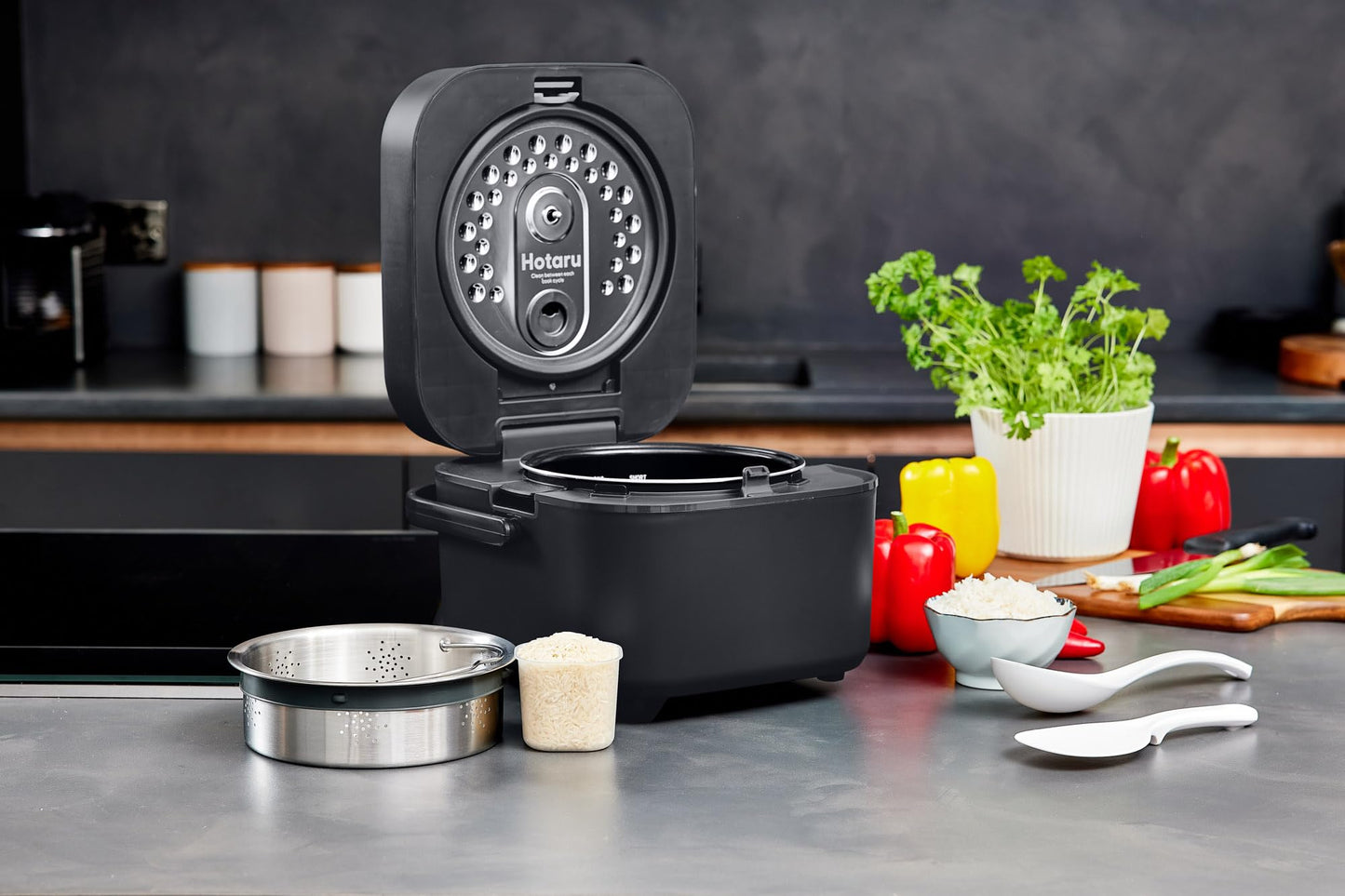 Yum Asia Hotaru Reiskocher mit UMAI Induktionsheizung (IH) und Keramikschüssel (3 Tassen, 0,54 Liter), 7 Reiskochfunktionen, 5 Multikocherfunktionen, LED-Display, 220-240V EU-Stecker (Schiefergrau)