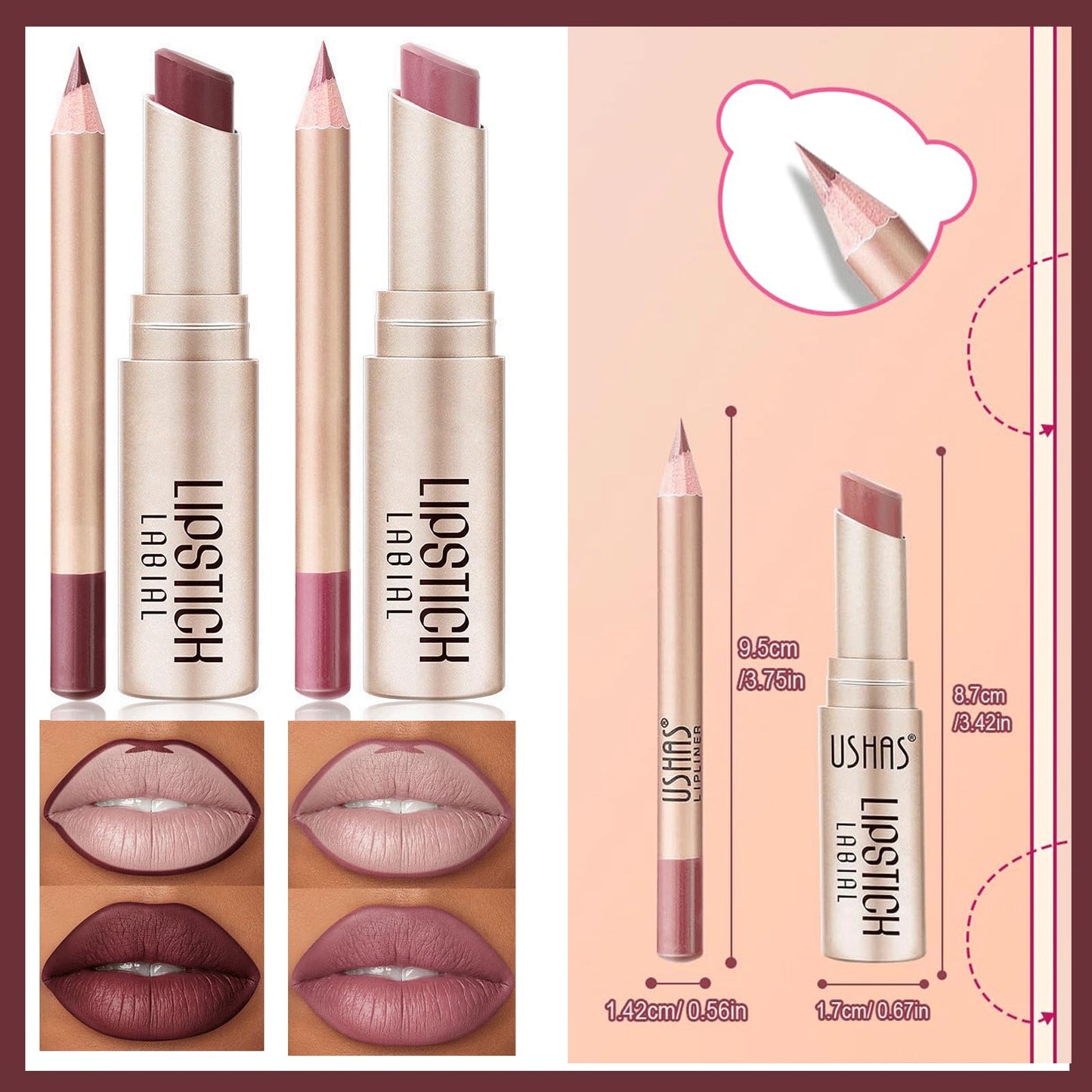 Lipstick Lipliner Set Matte Lipstick Lip Liner Long-Lasting Waterproof Vegan Gluten-Free (Nude Brown Shades)