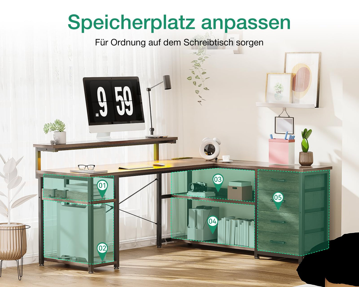 ODK Schreibtisch mit Schubladen, Reversible Eckschreibtisch mit 2 Steckdosen und 2 USB Ladeanschluss, Bürotisch L Form mit LED für Home Office 135×110cm (Schwarz)
