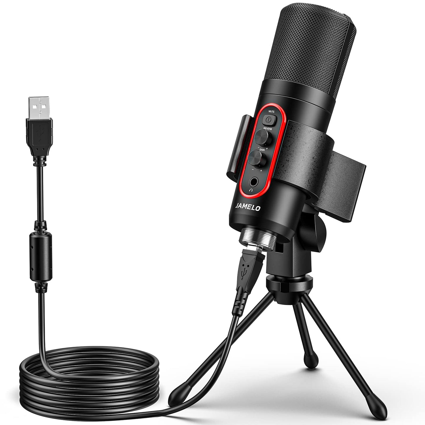 JAMELO USB Mikrofon, Kondensatormikrofon RGB Effekt PC Gaming Mikrofon mit Stummschaltung & Nachhall USB Mikrofon Tisch für Live-Streaming, Podcasting Gesangs- und Instrumentenaufnahmen