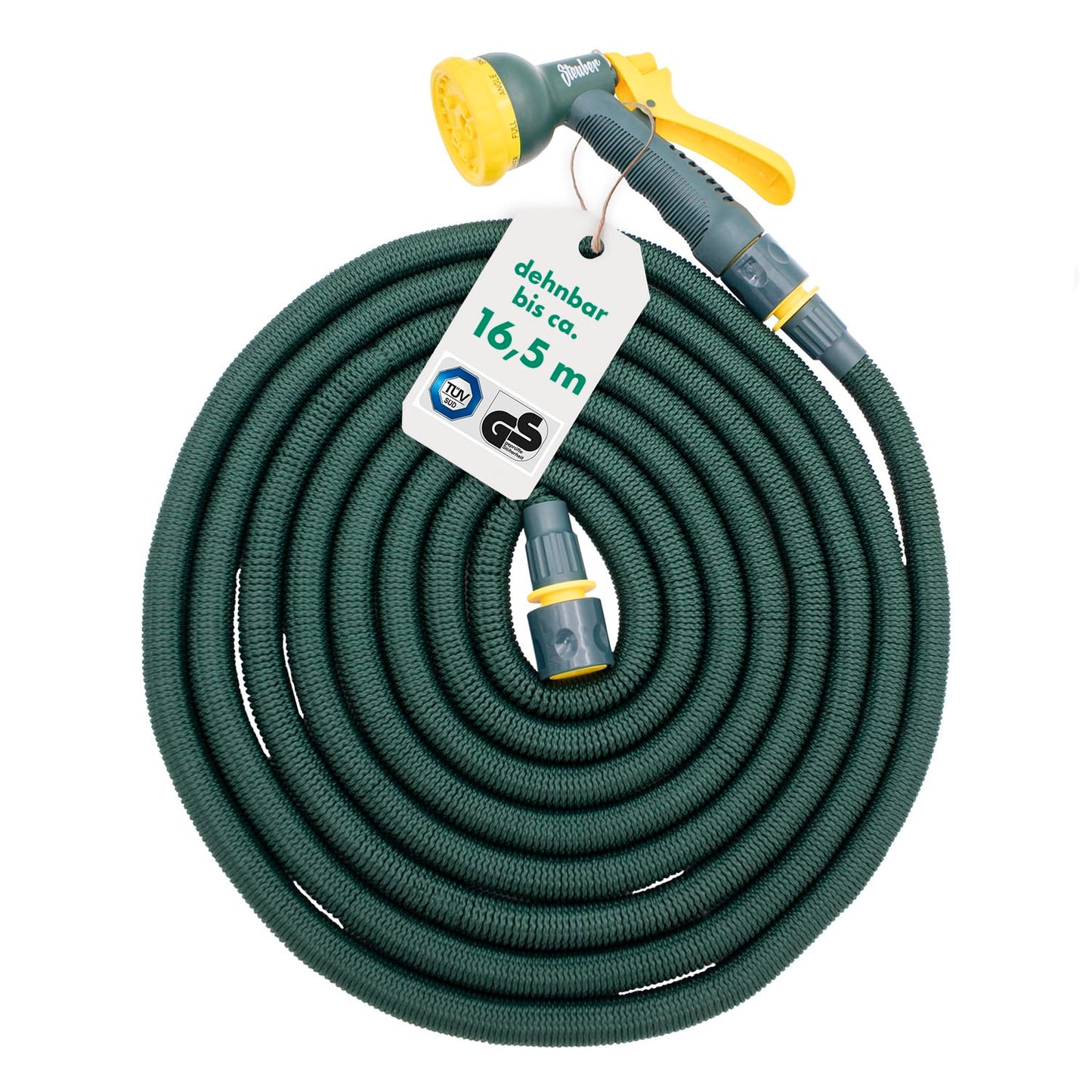 Steuber Flexibler Gartenschlauch Platinum GREEN mit 8 Sprühkopf-Funktionen, 8,3m, TÜV Süd Siegel, mit Innen- & Außenadapter