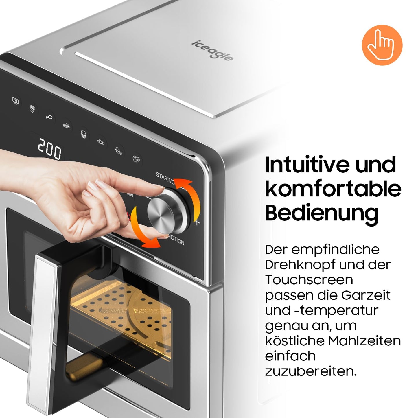 iceagle Heißluftfritteuse 6,5 L Airfryer XL - Fritteuse Ohne Fett mit Metallinnenraum | 1700W Heissluftfriteuse mit 8 Kochprogramme, Digitalem Display, mit deutschem Rezeptbuch