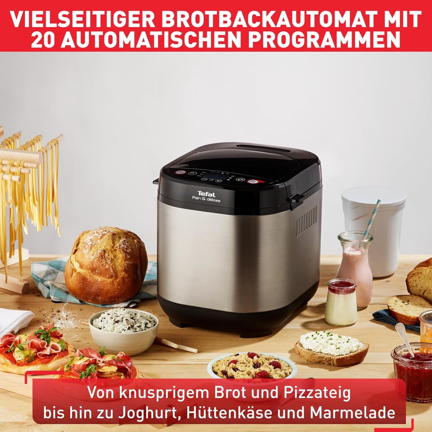Tefal Brotbackautomat Pain & Délices, 20 Backprogramme, 3 Brotgrößen und Bräunungsstufen einstellbar, auch für Kuchen - Pizza - Nudelteig, Backform antihaftbeschichtet, schwarz/Edelstahl