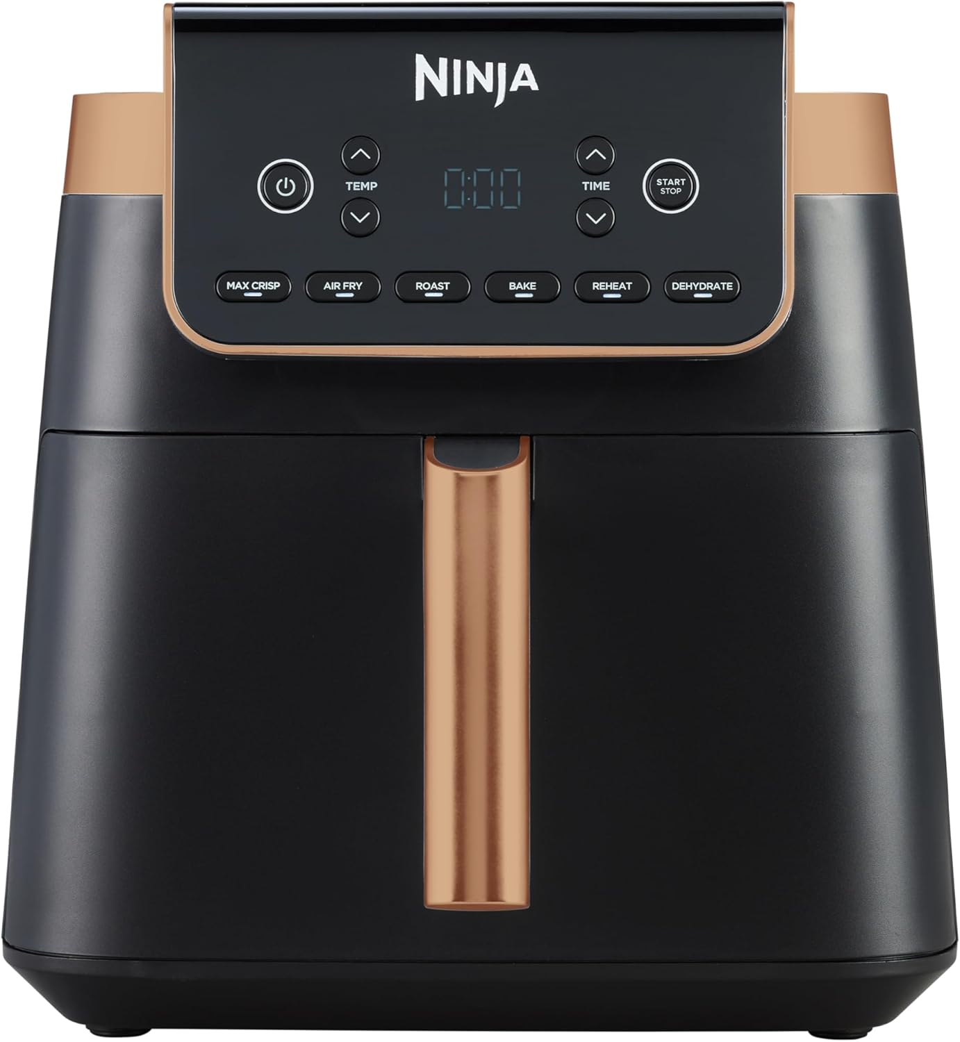 Ninja Heißluftfritteuse MAX PRO, 6,2 L, ölfrei, große Schublade, Rösten, Backen, Air Fry, Antihaftbeschichtet, Spülmaschinenfester Korb & Crisper Gittereinsatz, Silikonzange, Schwarz/Kupfer, AF180EUCP