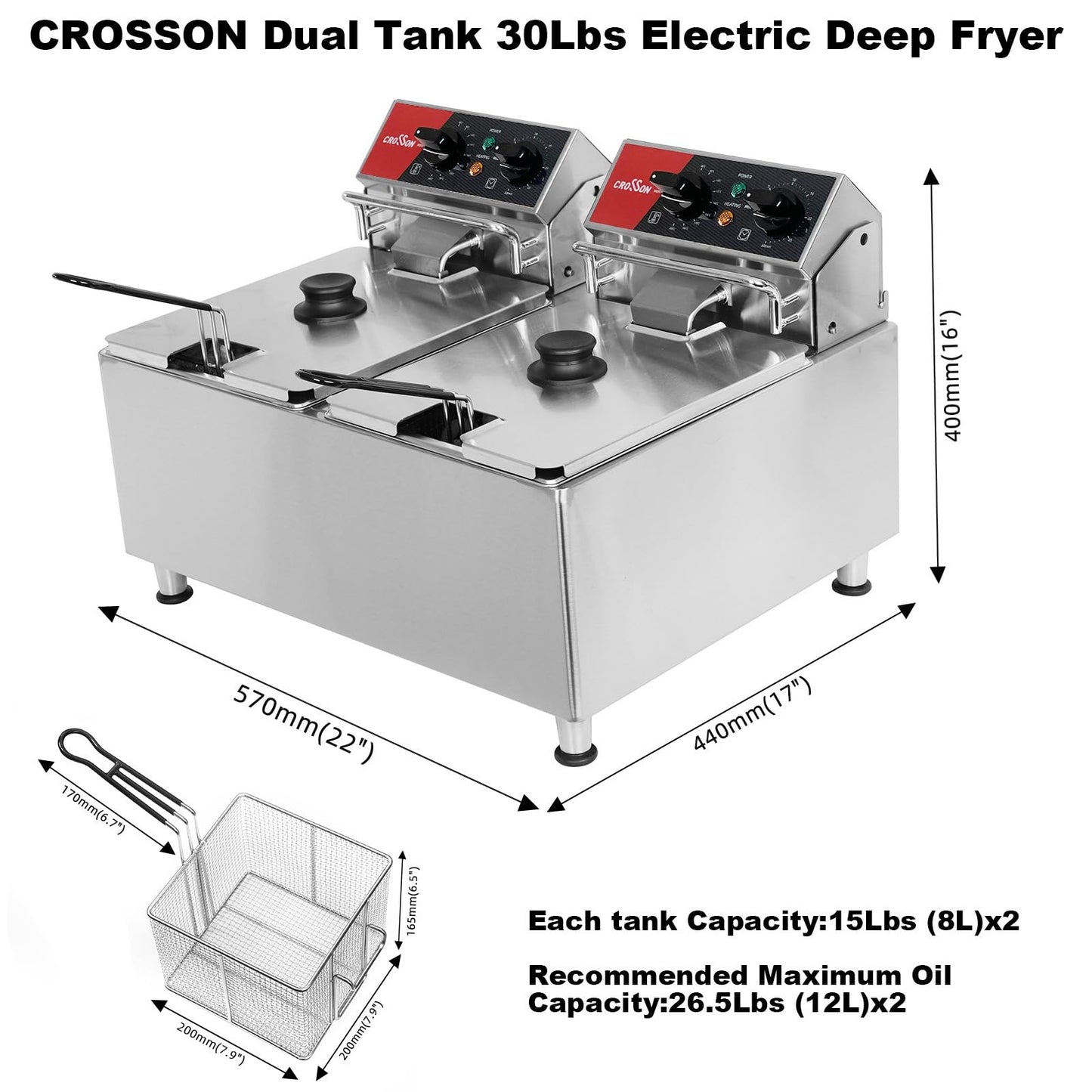 CROSSON 8L elektrische Fritteuse mit EGO-Thermostat, 30-Minuten-Timer, abnehmbarer Ölbehälter, massiver Edelstahlkorb, rotierender Fritteusekopf(8L Single Tank)