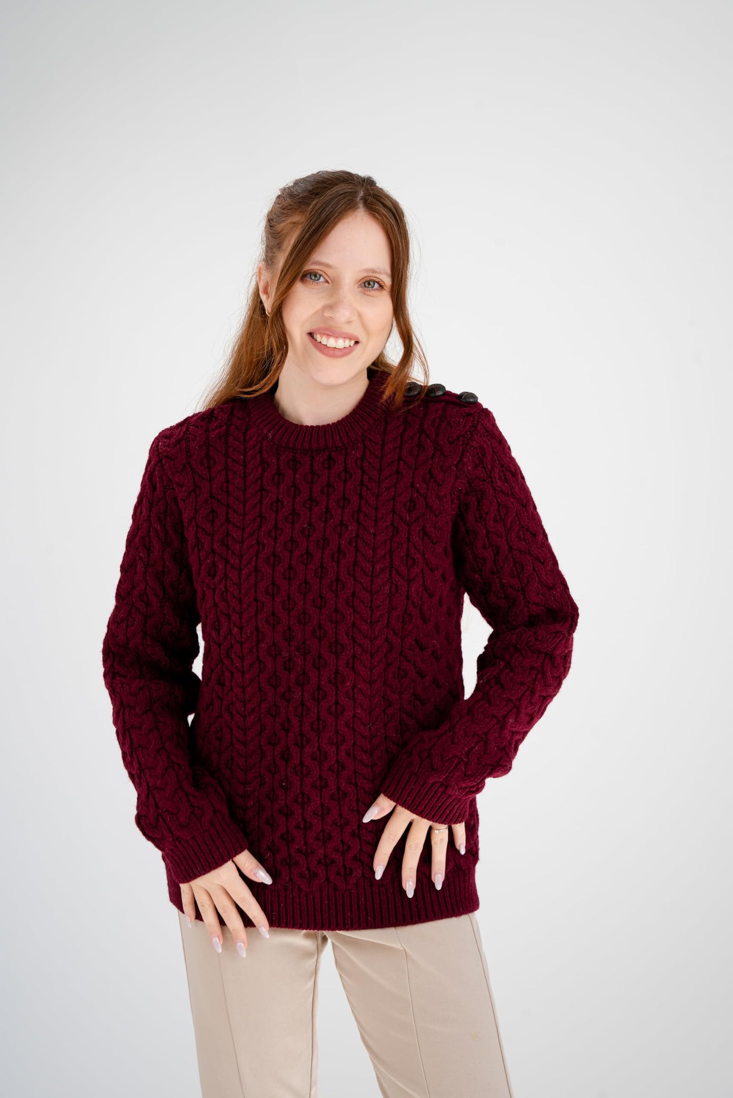 SAOL Women’s Merino Wool Sweater – Aran Knit with Side Buttons