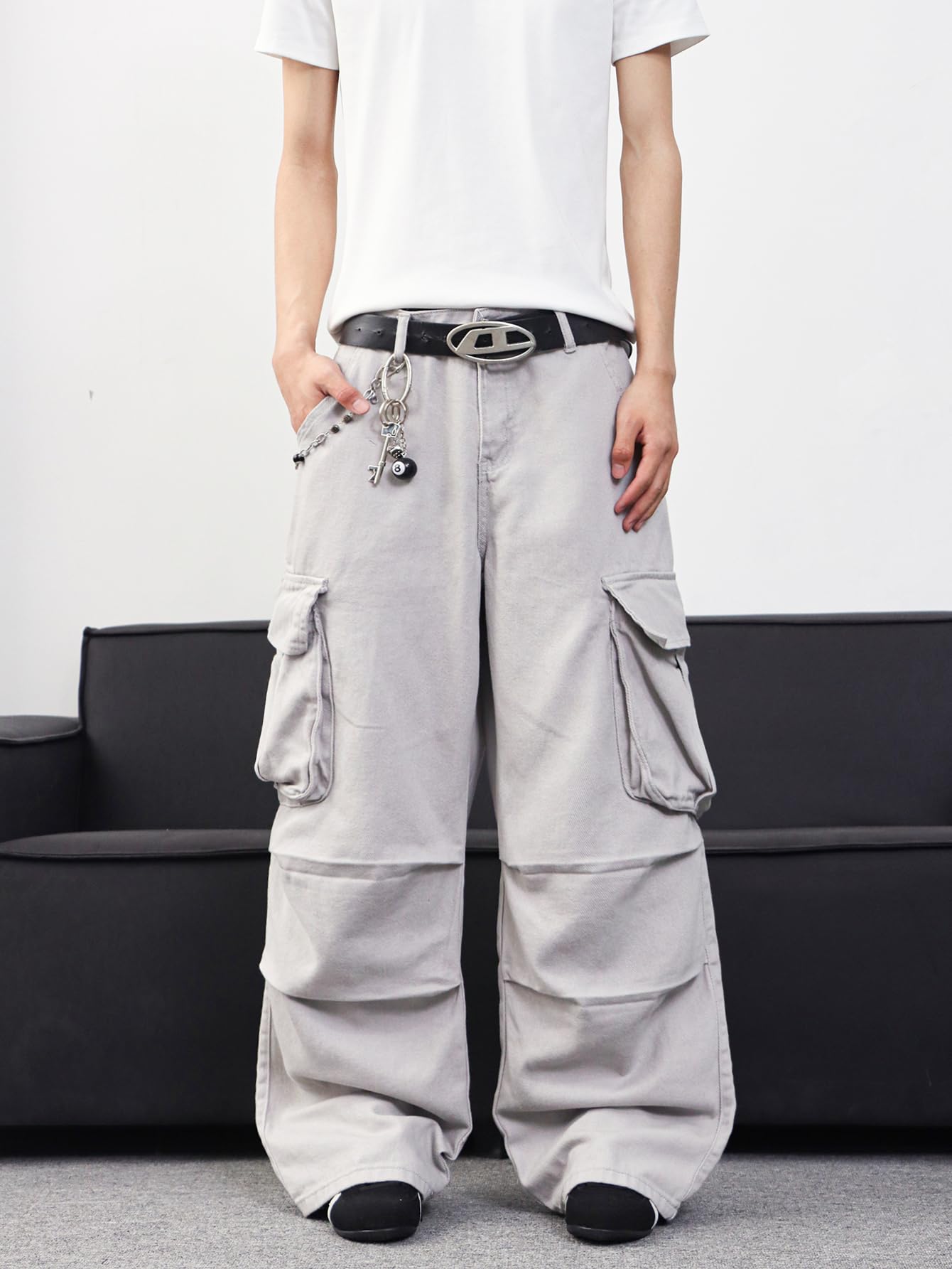 Zewool Men’s Casual Wide-Leg Denim Cargo Pants – Medium Weight Baggy Jeans