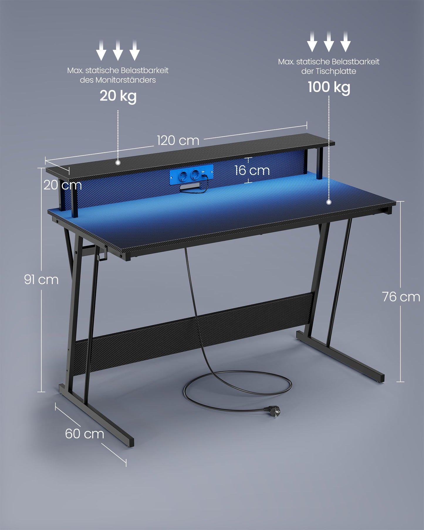 VASAGLE Schreibtisch, Gaming Tisch mit eingebauter Steckdosenleiste, Computertisch, mit Monitorständer für 2 Monitore, Schlafzimmer, 60 x 120 x 76 cm, rußschwarz LWD192B02