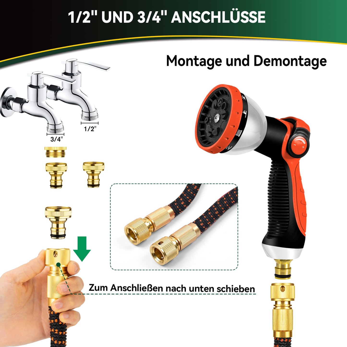 Yofidra Flexibler Gartenschlauch 30m, 3 Lagiger Latex Wasserschlauch mit 3/4 Zoll und 1/2 Zoll Metallanschlüsse, 3450D-Gewebe, Knickfrei, Strapazierfähiger Garden Hose Schlauch mit 10 Düse